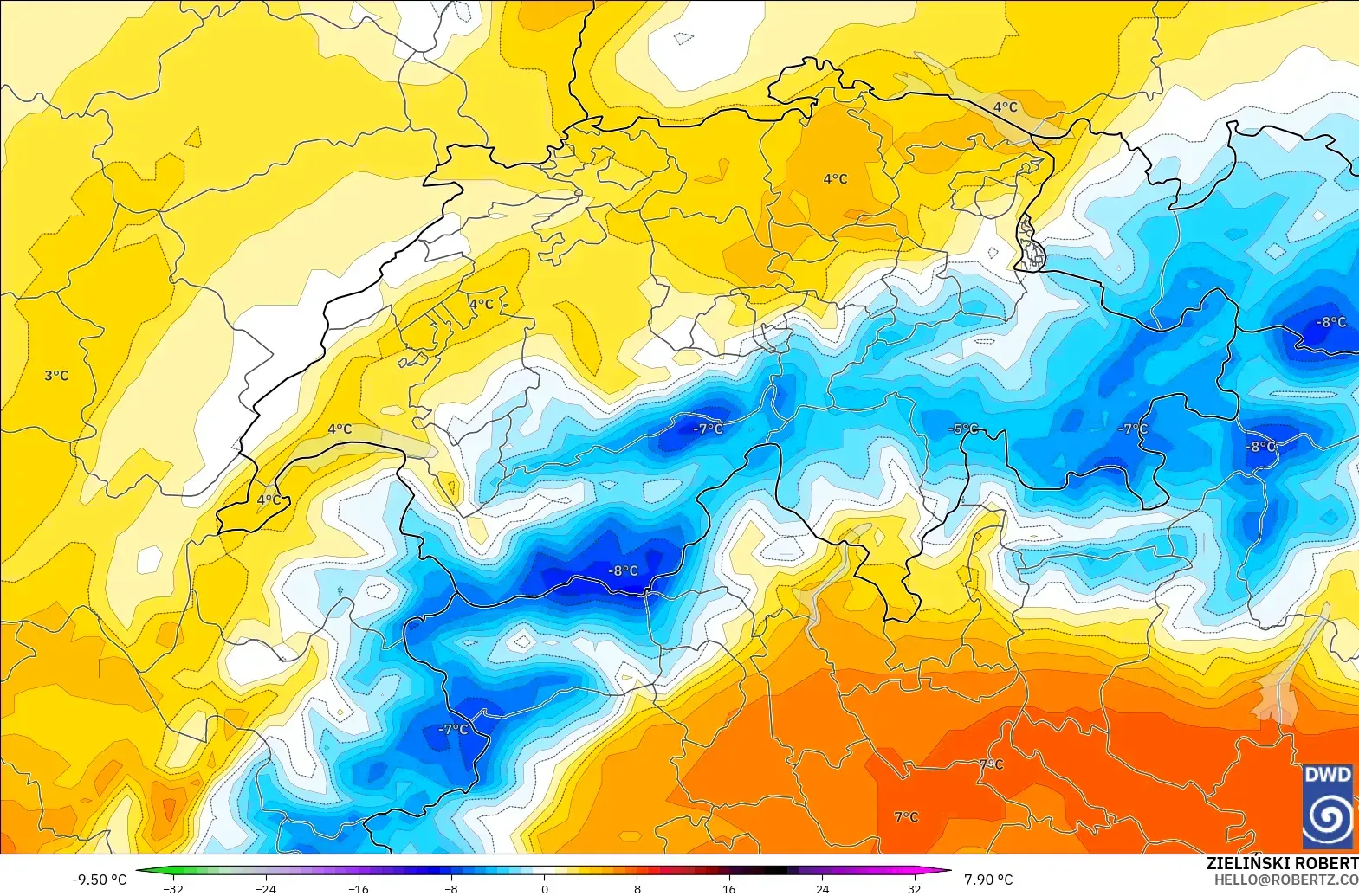 ICON modelo - Switzerland, Temperature at 850hPa Anomaly