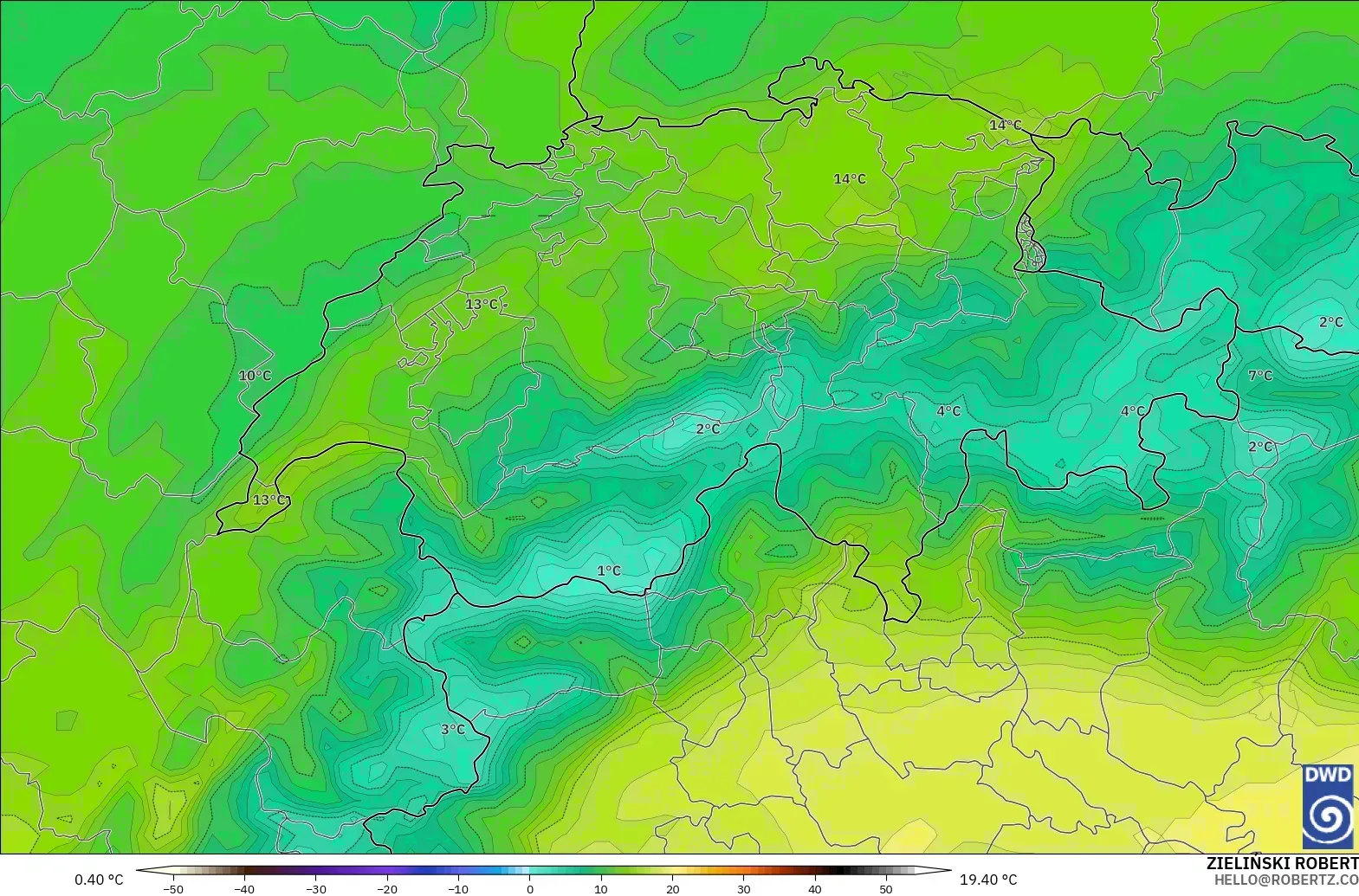 ICON modelo - Switzerland, Temperature at 850hPa