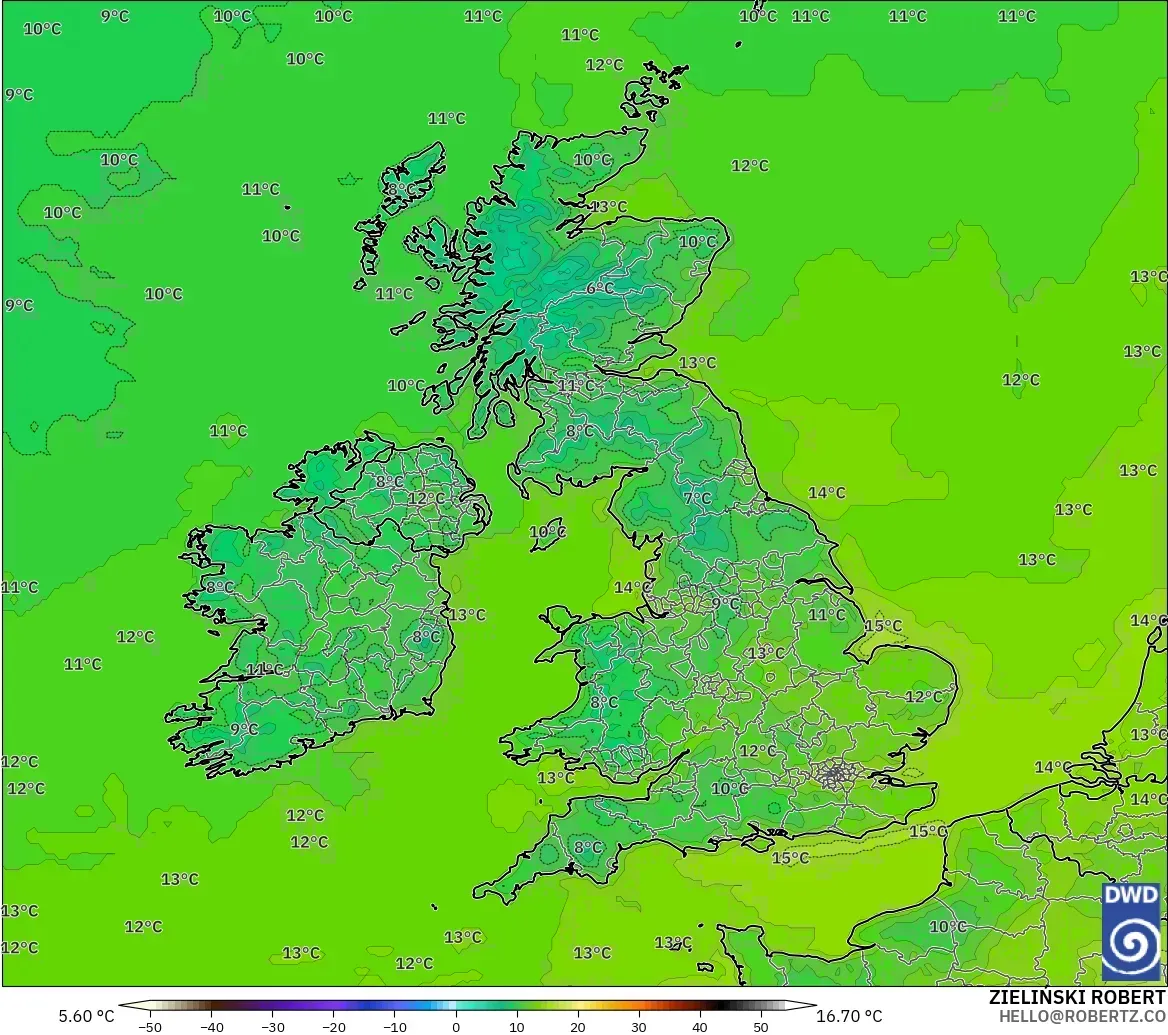 ICON modelo - United Kingdom, Temperature at 2m