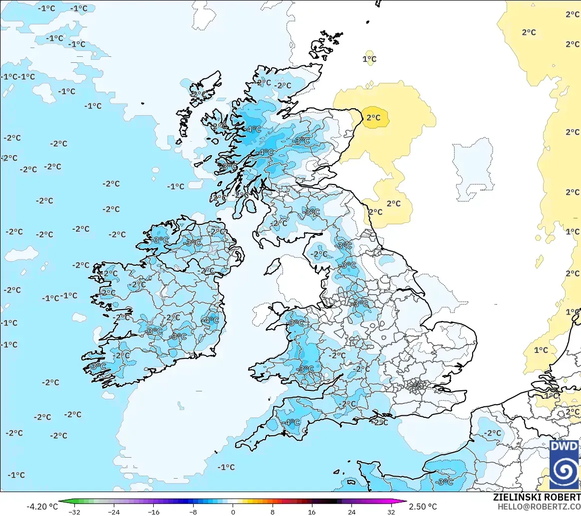 ICON model - Britania Raya, Anomali Suhu 850 hPa
