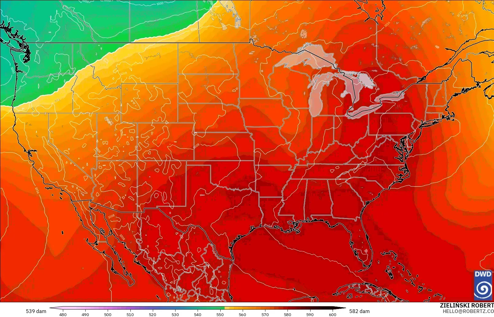 ICON modelo - United States, Geopotential height at 500hPa
