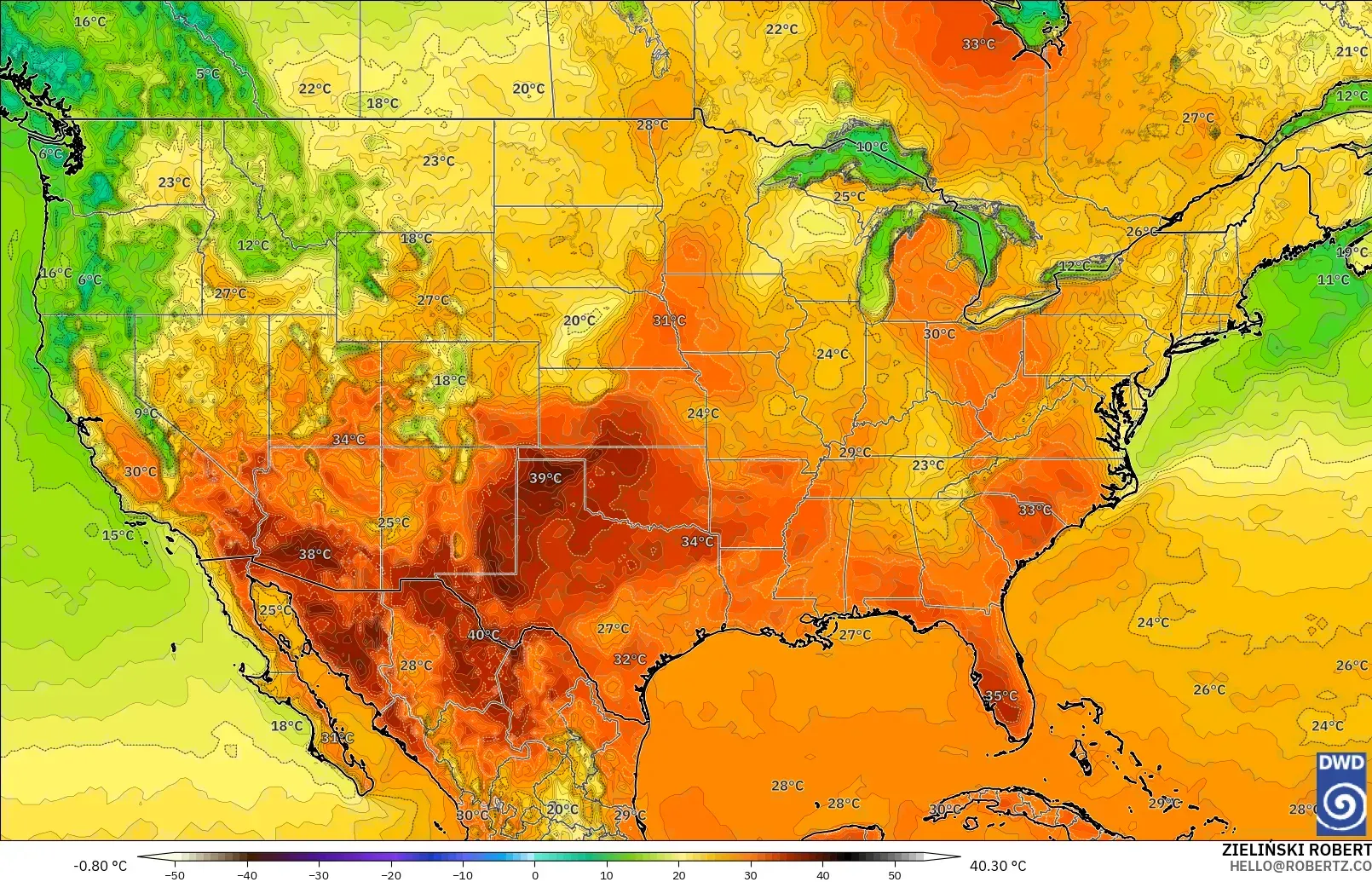 ICON modelo - United States, Temperature at 2m