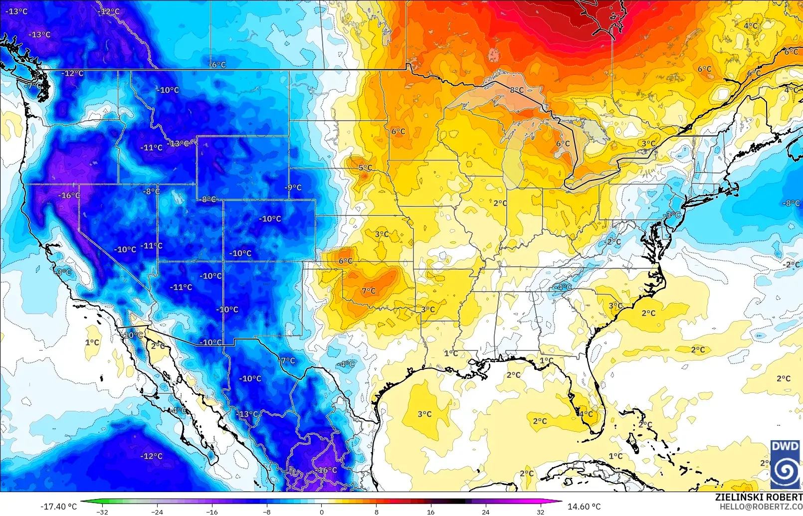 ICON modelo - United States, Temperature at 850hPa Anomaly