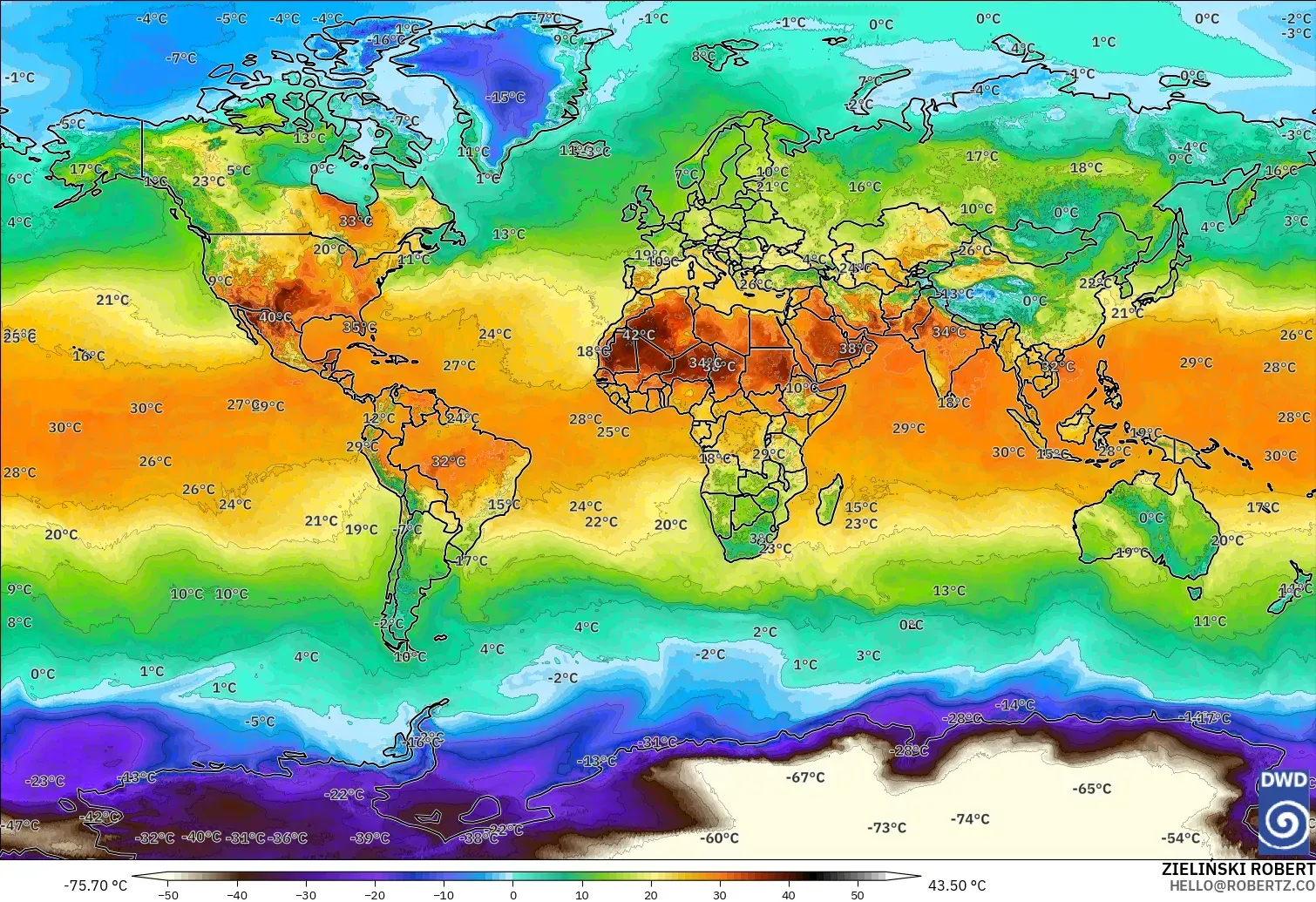 ICON modelo - World, Temperature at 2m