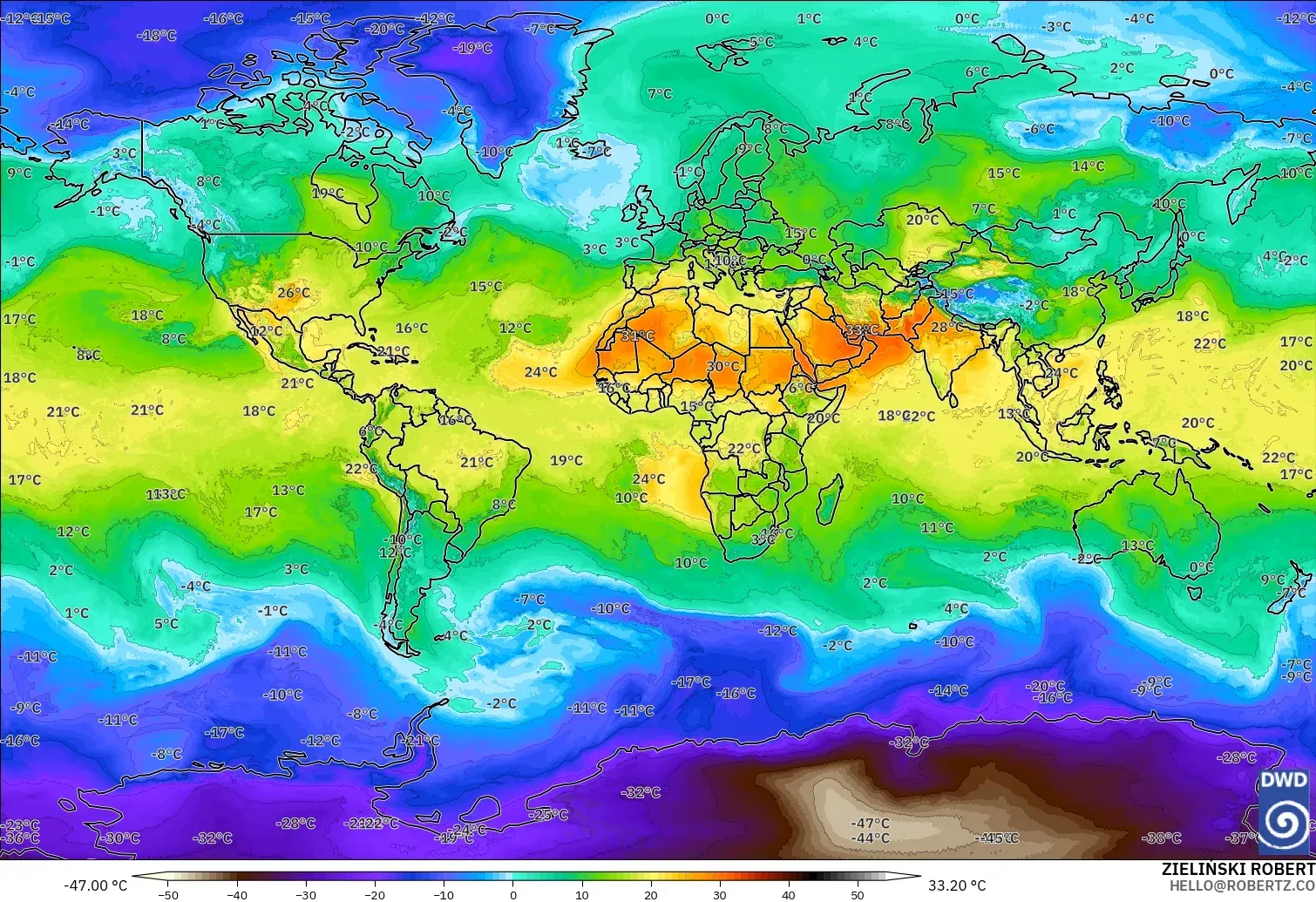 ICON modelo - World, Temperature at 850hPa