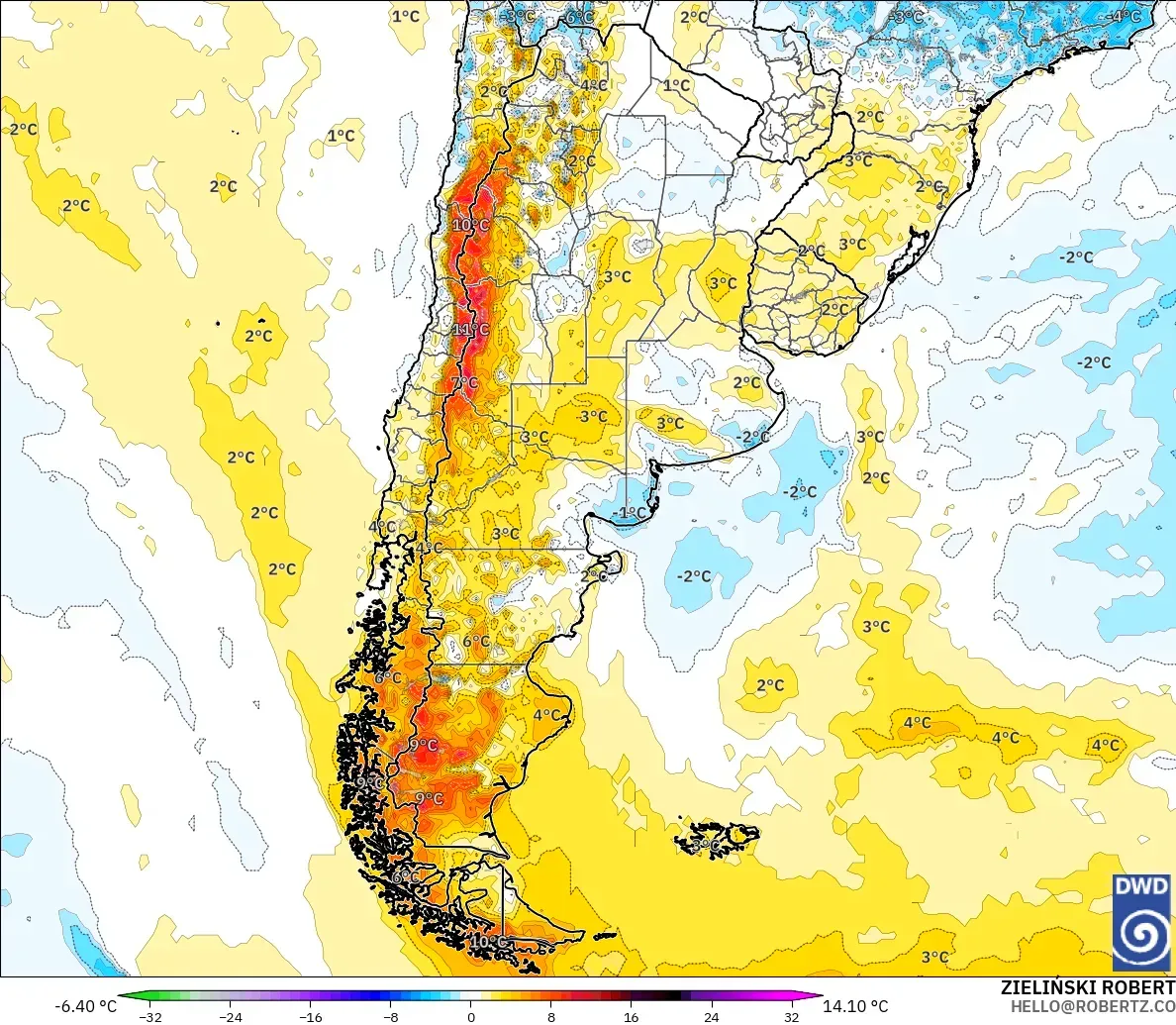 ICON model - Argentina, Anomali Suhu 2 m
