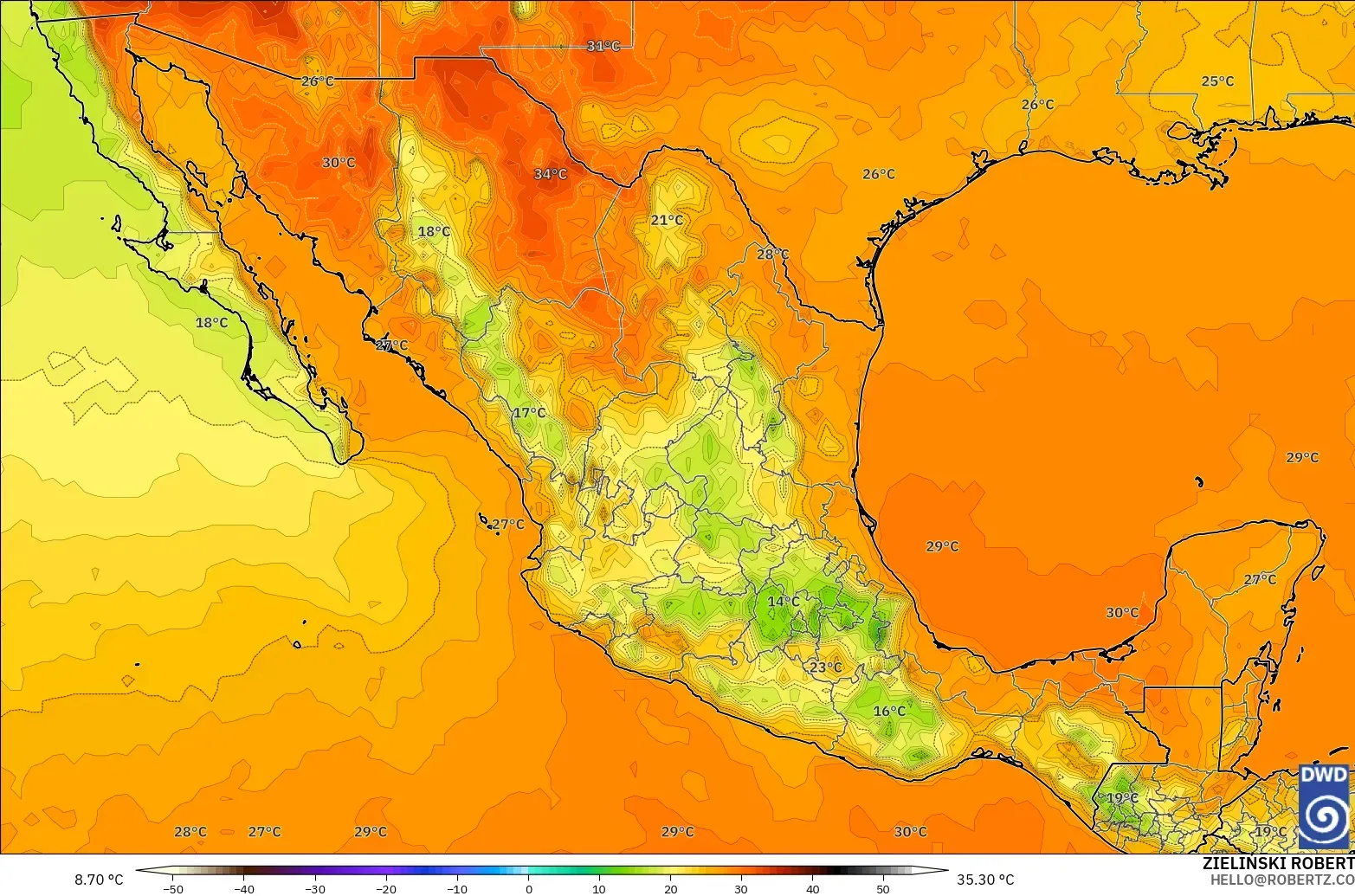 ICON model - Mexico, Suhu pada 2 m