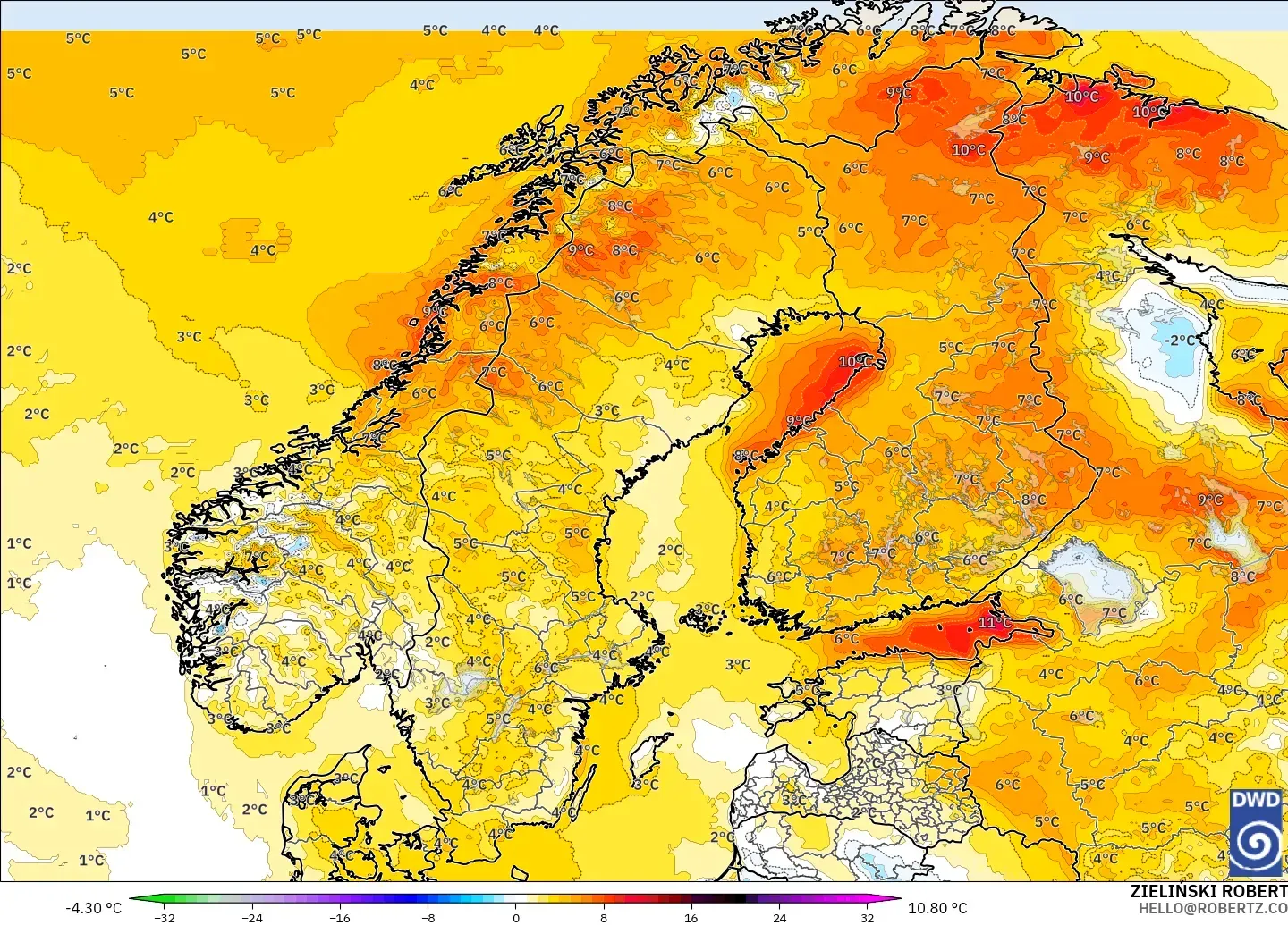 ICON model - Skandinavia, Anomali Suhu 2 m