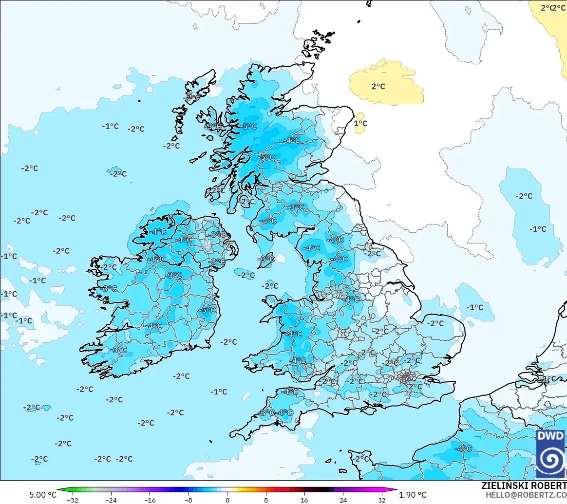 ICON model - United Kingdom, Anomali Suhu 850 hPa