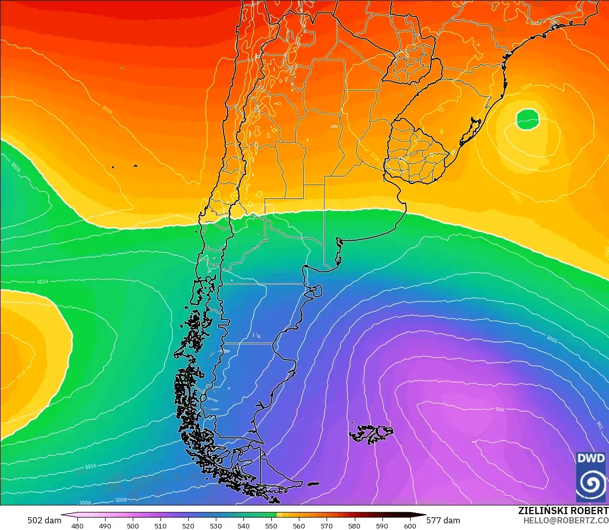 ICON model - Argentina, Geopotential height at 500hPa