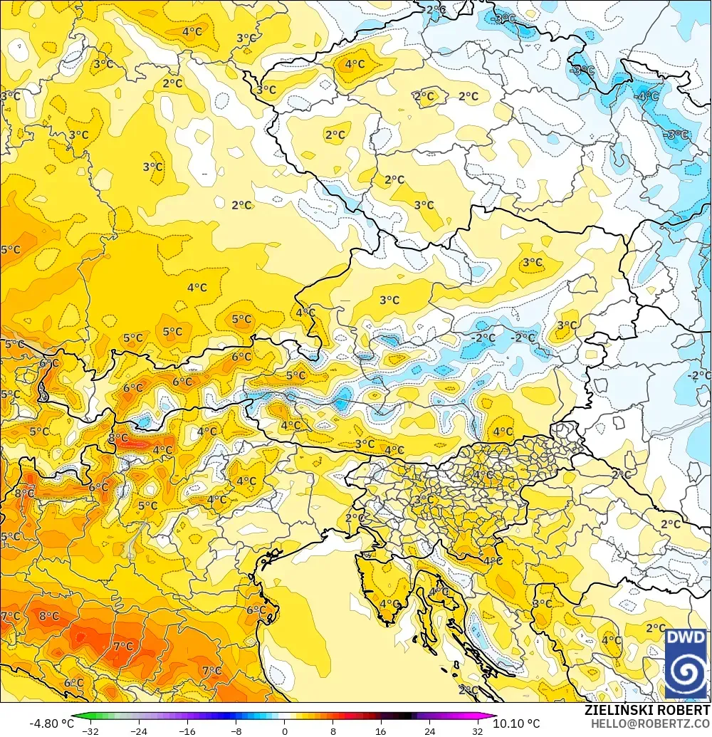 ICON model - Austria, Temperature at 2m Anomaly