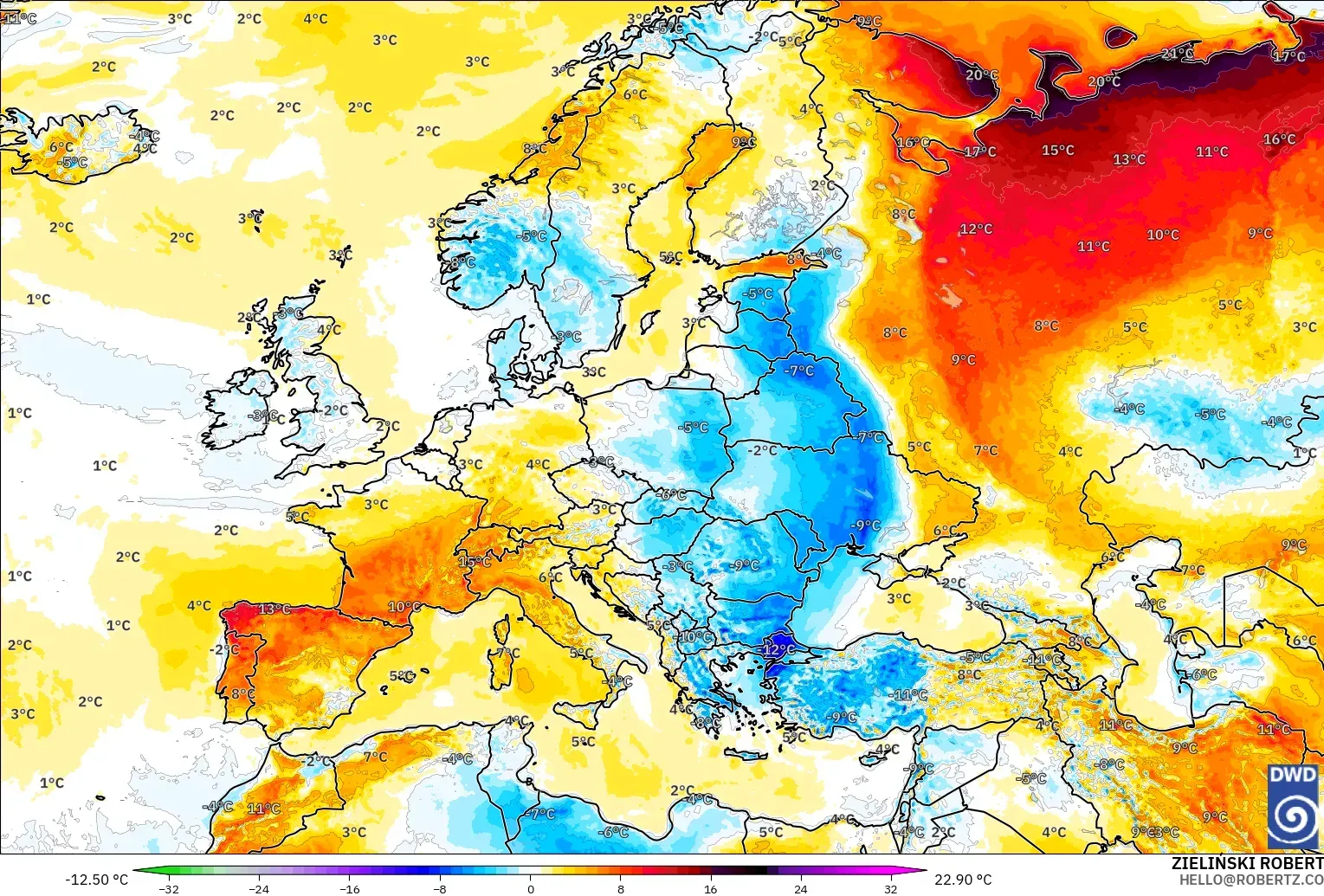 ICON model - Europe, Temperature at 2m Anomaly