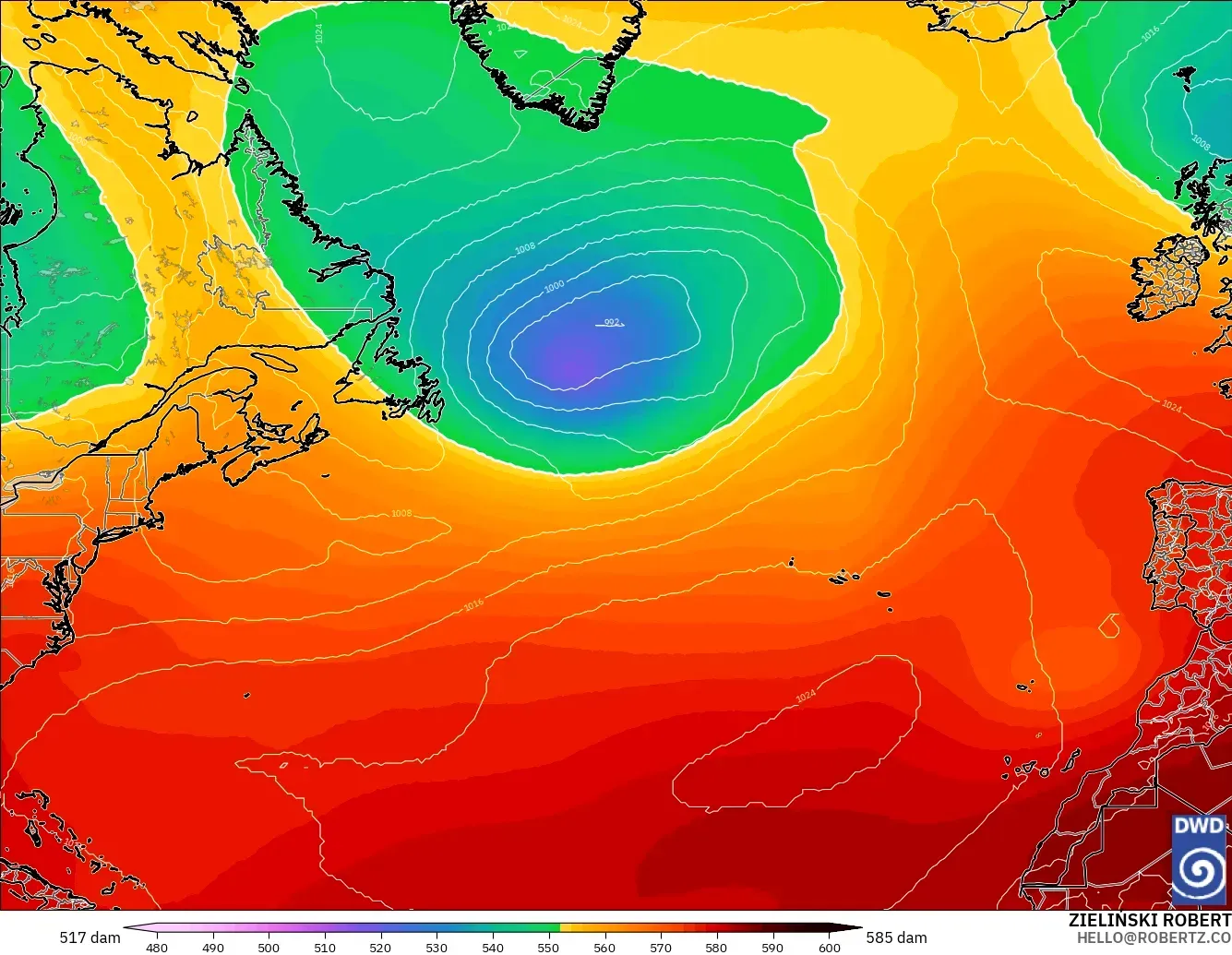 ICON model - North Atlantic, Geopotential height at 500hPa