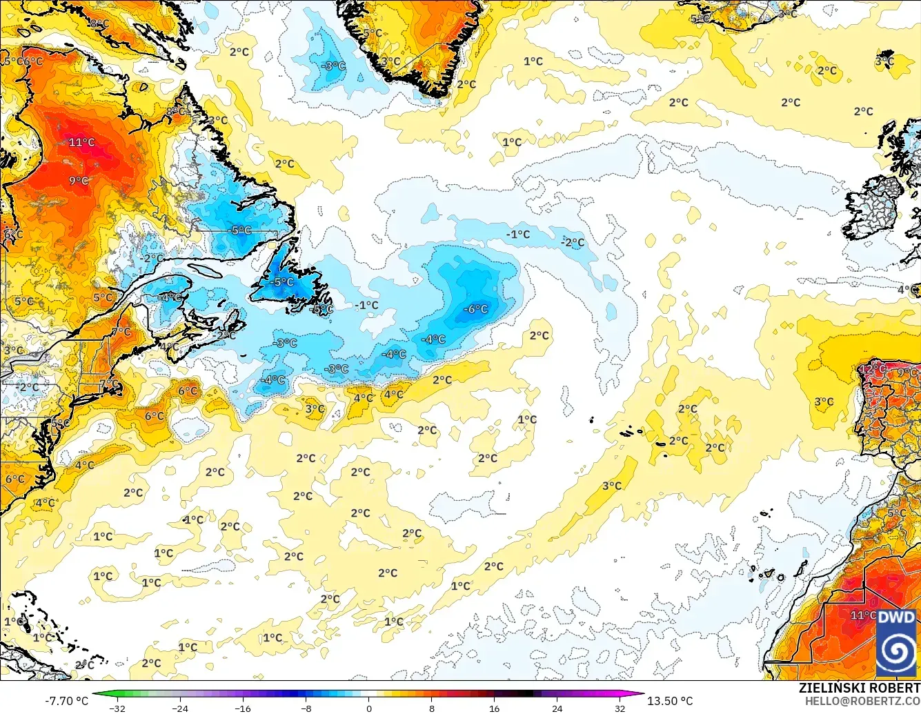 ICON model - North Atlantic, Temperature at 2m Anomaly