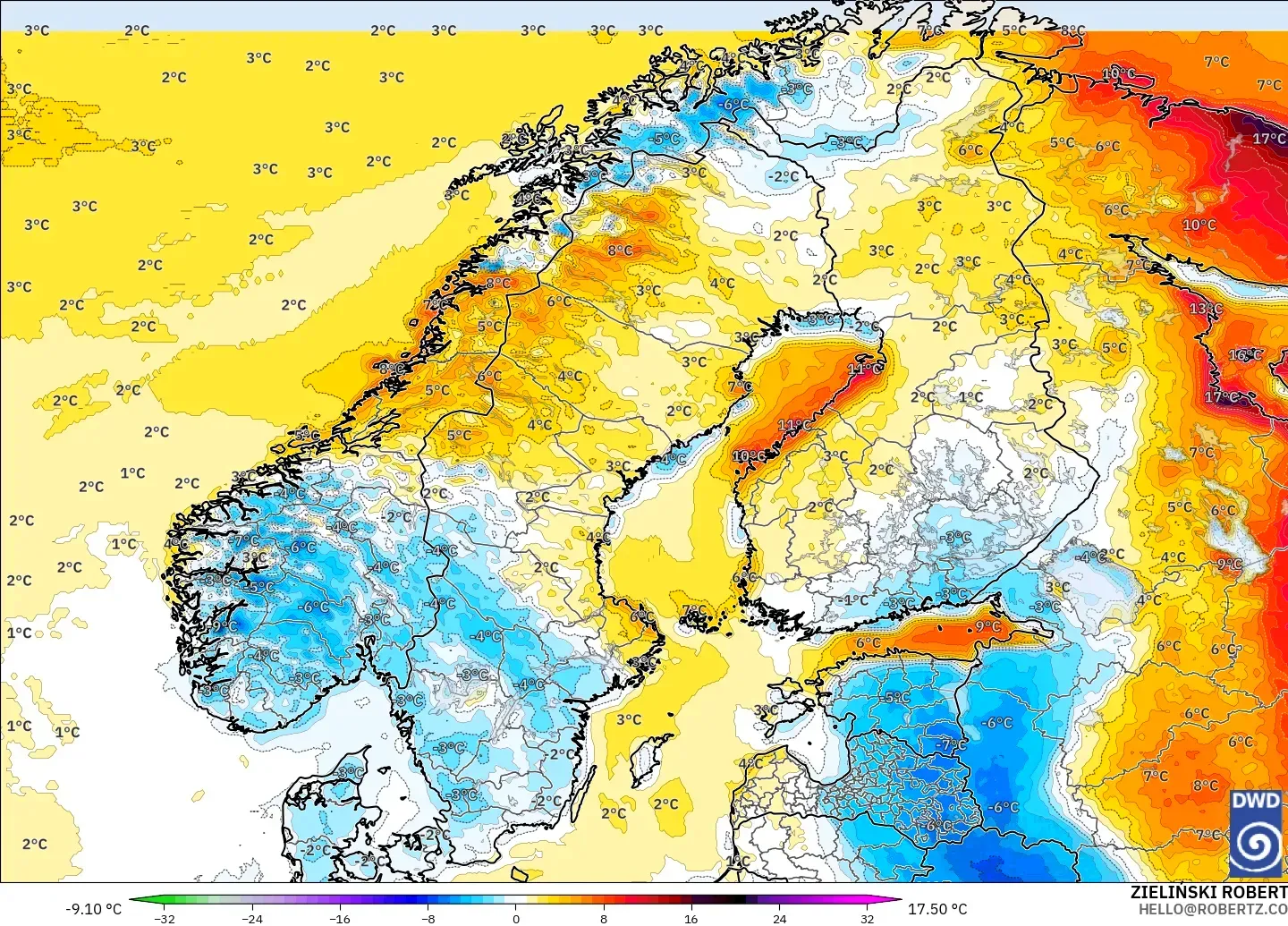 ICON model - Scandinavia, Temperature at 2m Anomaly