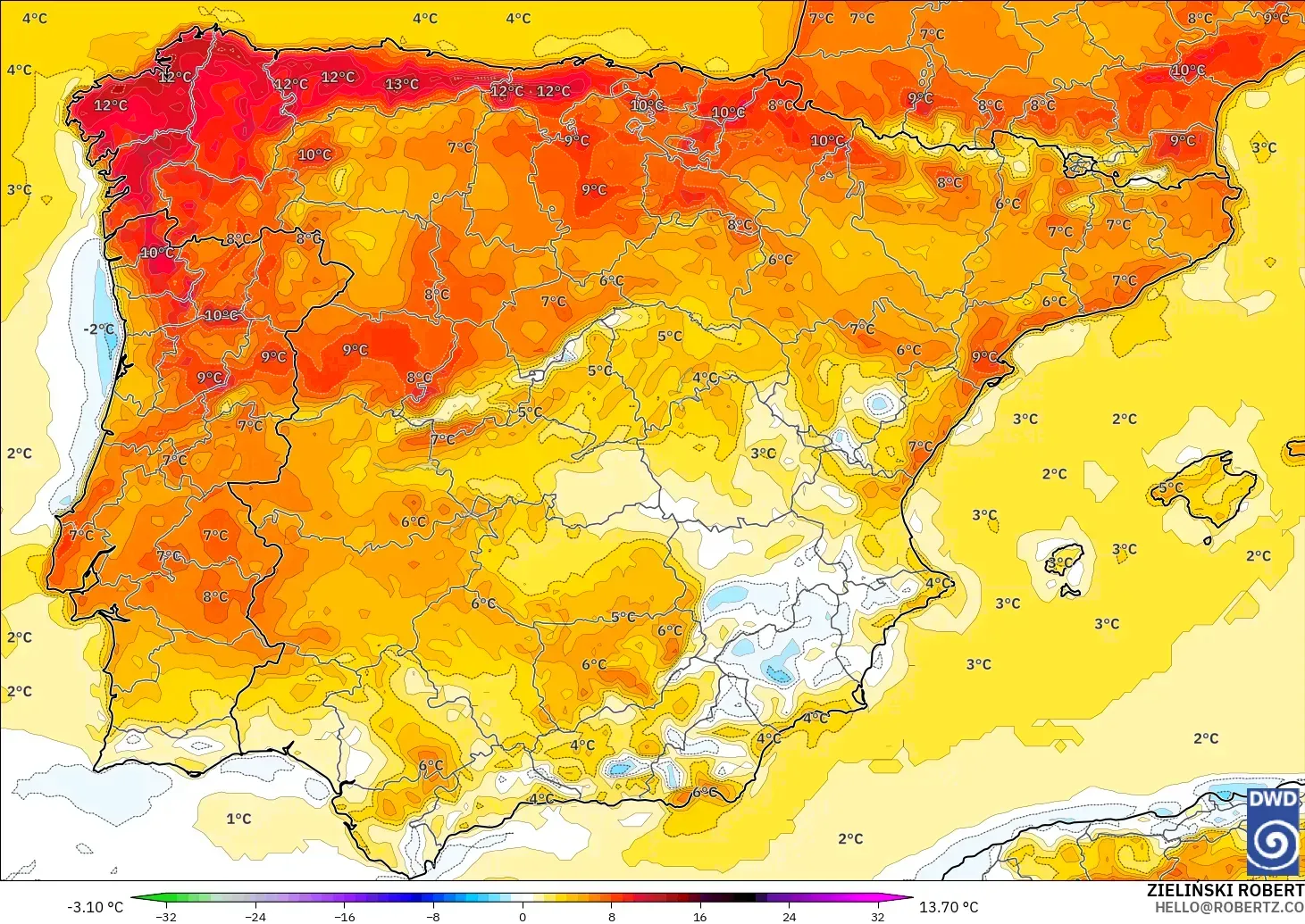 ICON model - Spain, Temperature at 2m Anomaly