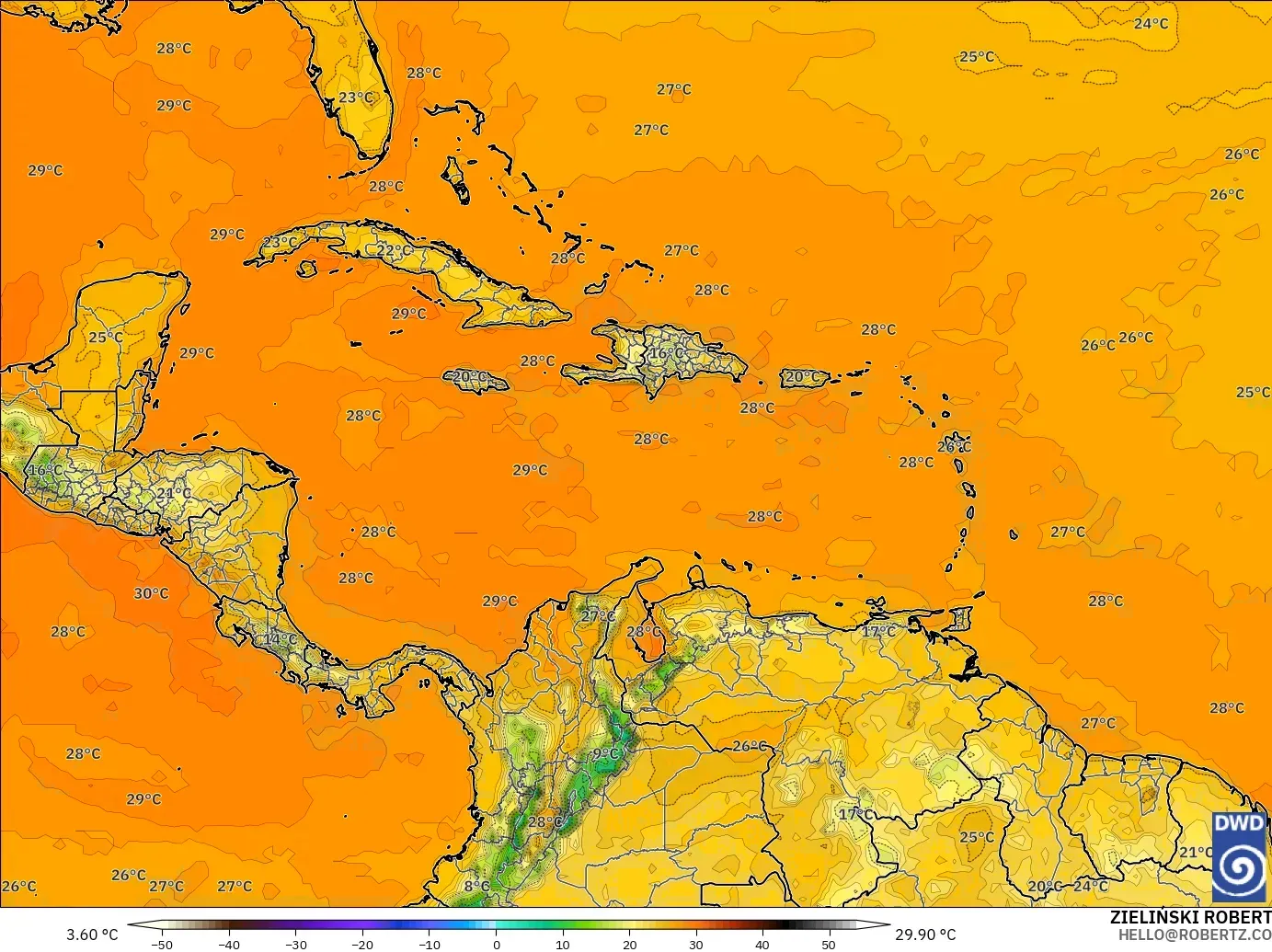 ICON model - Caribbean, Temperature at 2m