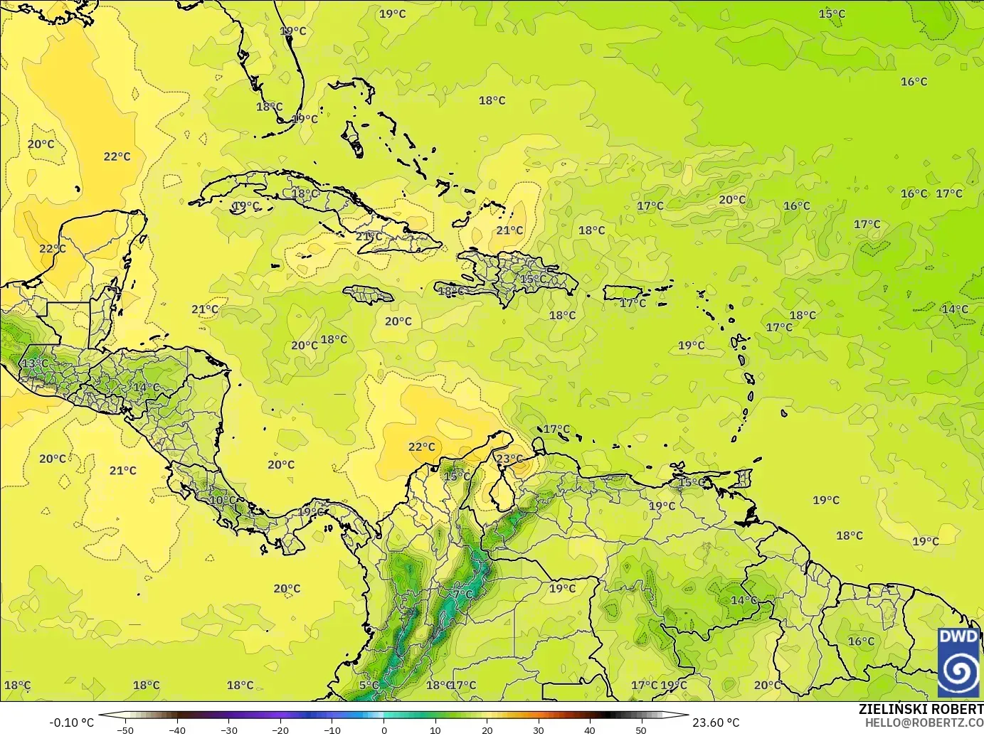 ICON model - Caribbean, Temperature at 850hPa