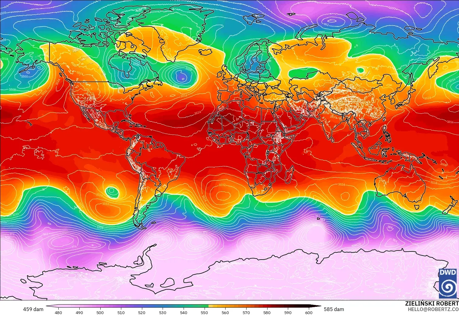ICON model - World, Geopotential height at 500hPa
