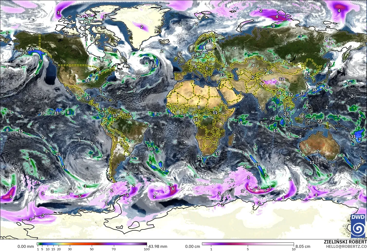 ICON model - World, Precipitation, Clouds, and Pressure