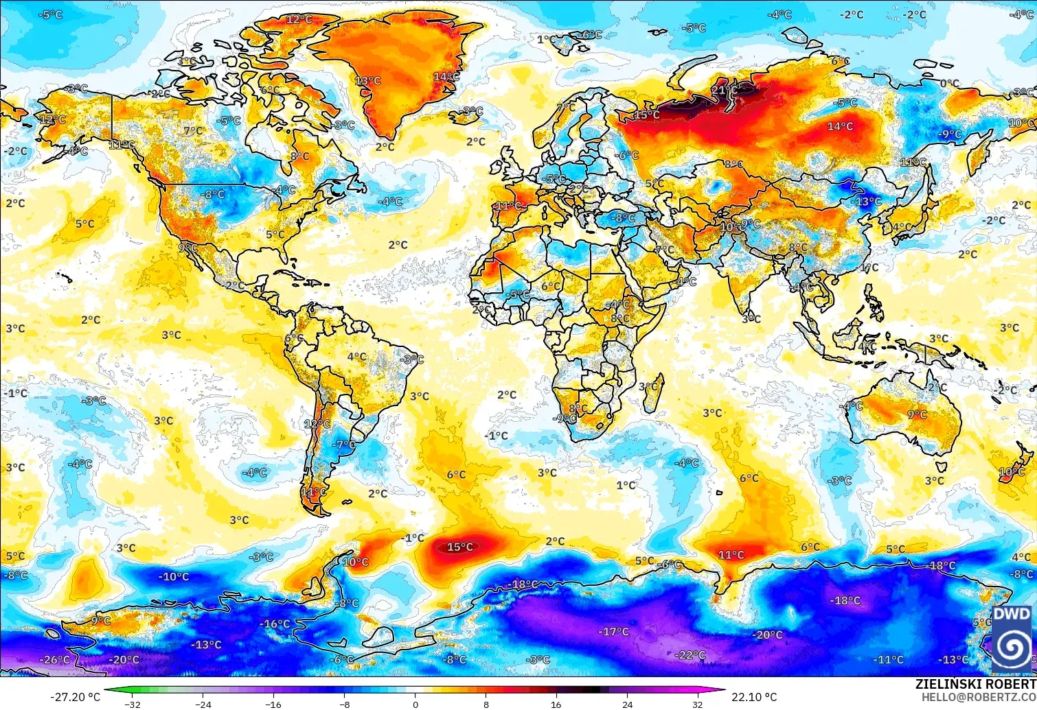 ICON model - World, Temperature at 2m Anomaly