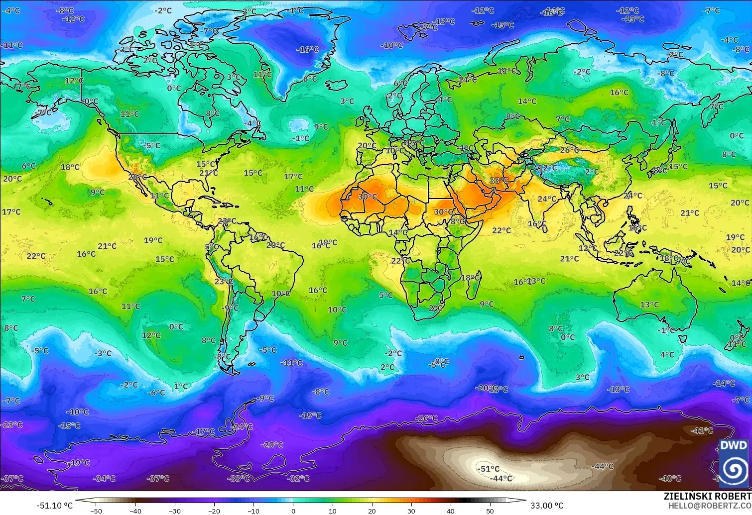 ICON model - World, Temperature at 850hPa