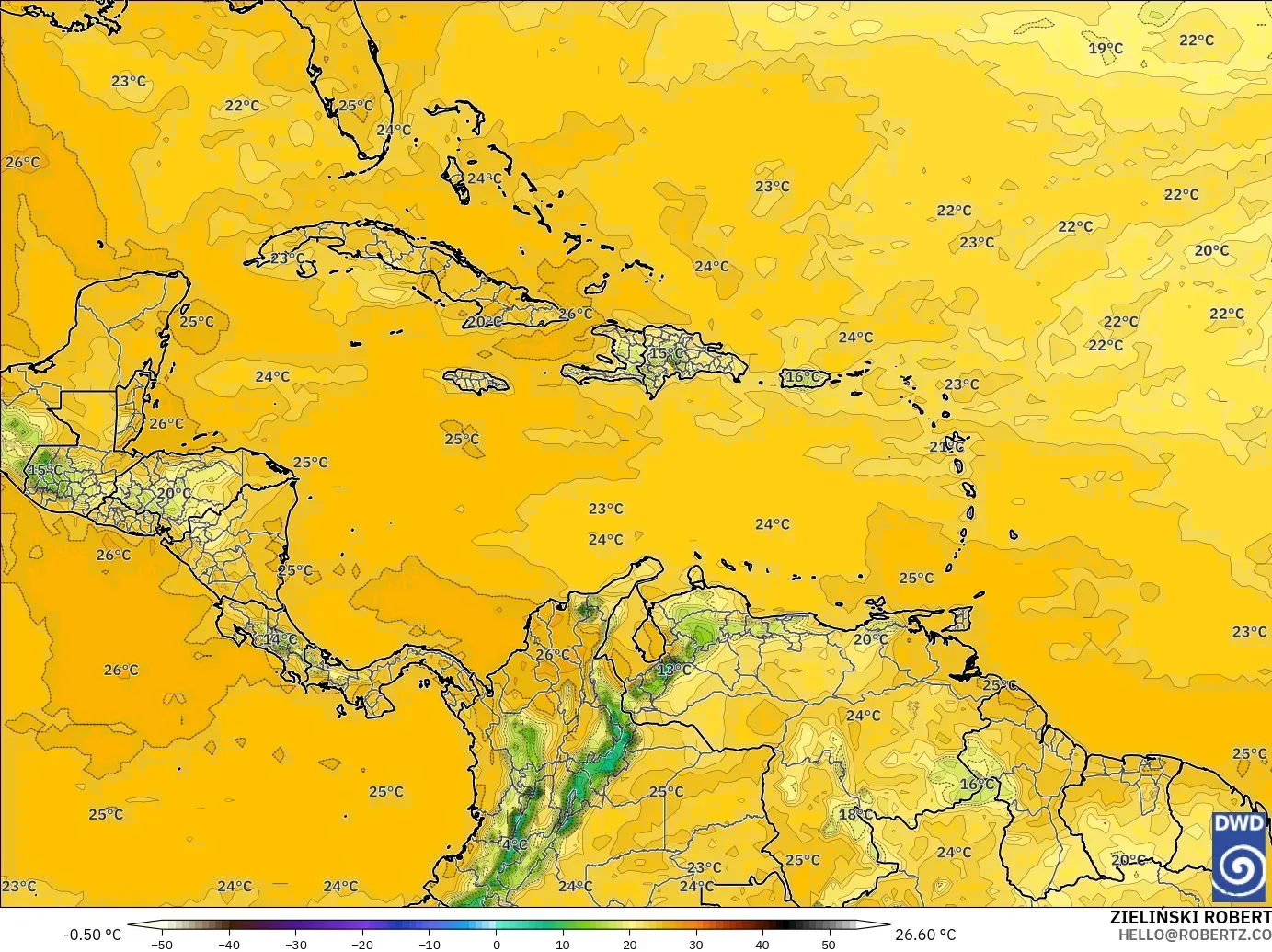 ICON model - Caribbean, Dewpoint at 2m