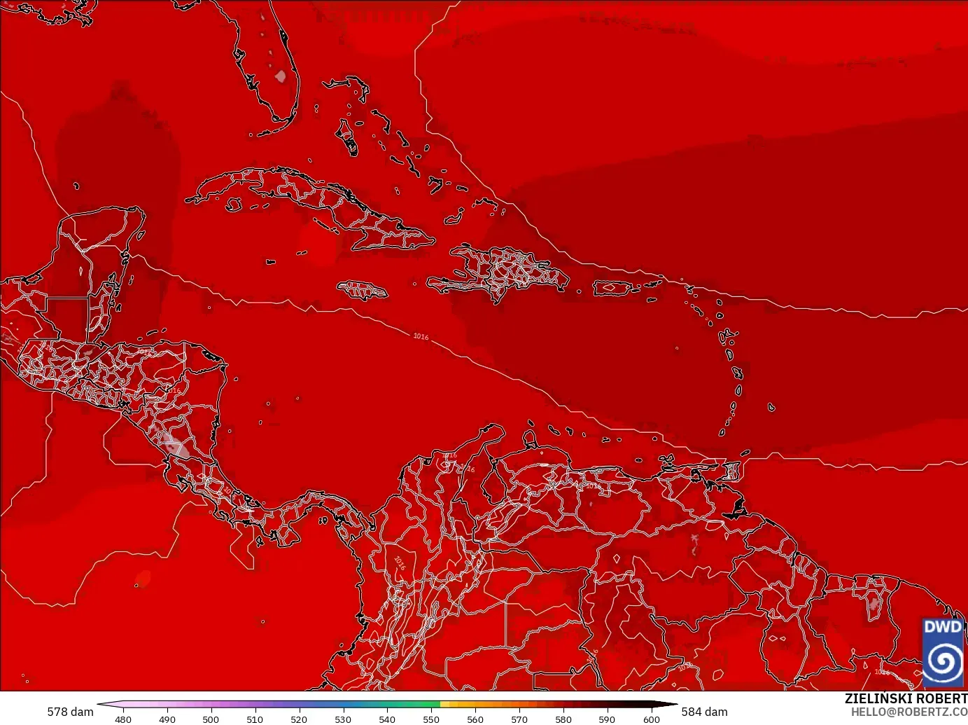 ICON model - Caribbean, Geopotential height at 500hPa