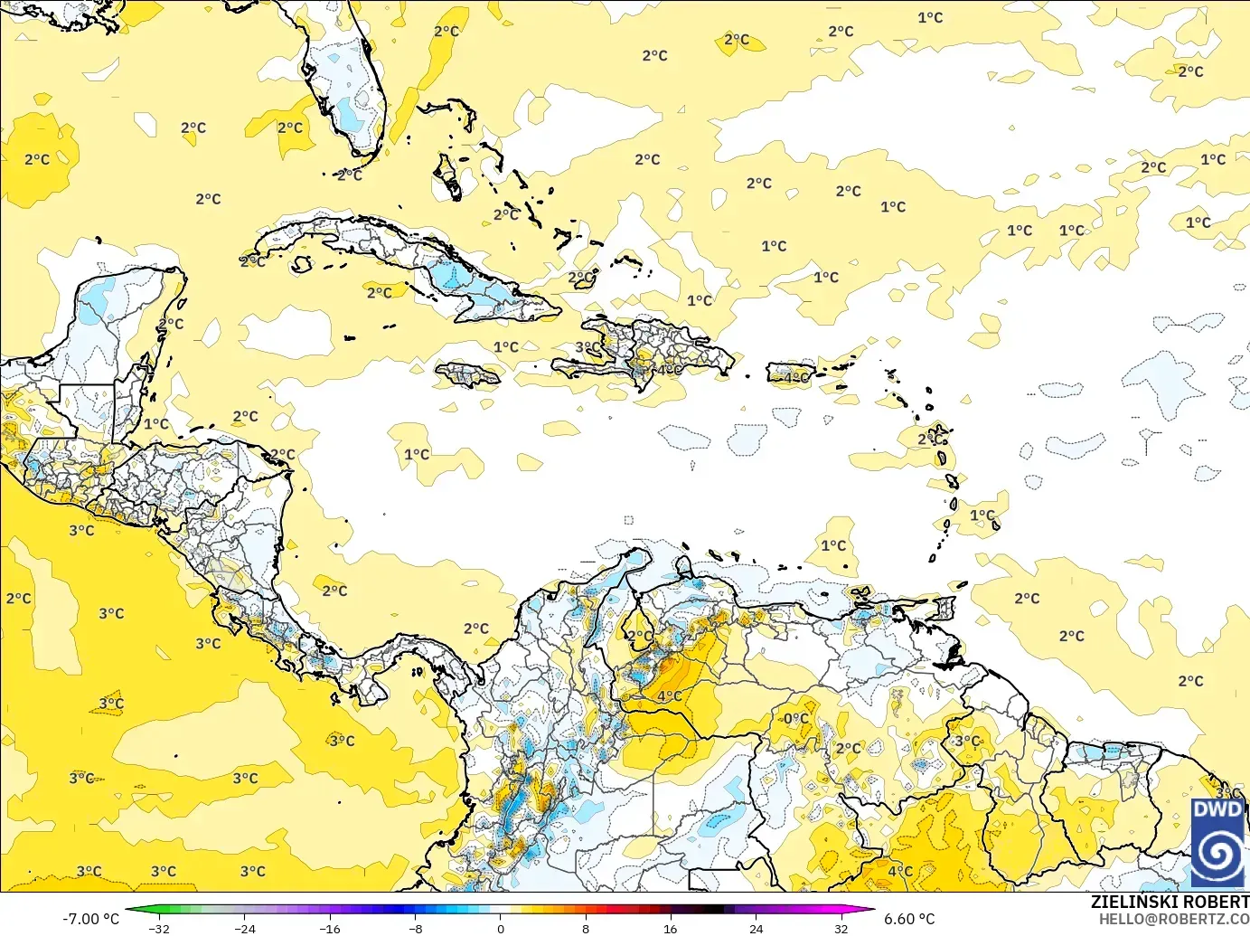 ICON model - Caribbean, Temperature at 2m Anomaly