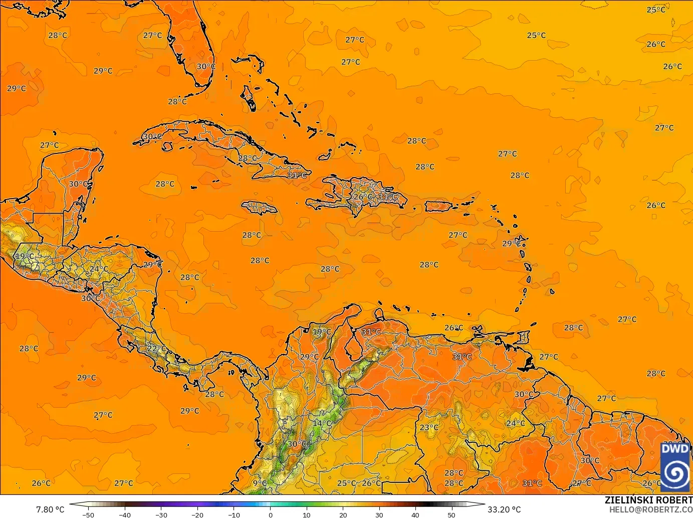 ICON model - Caribbean, Temperature at 2m