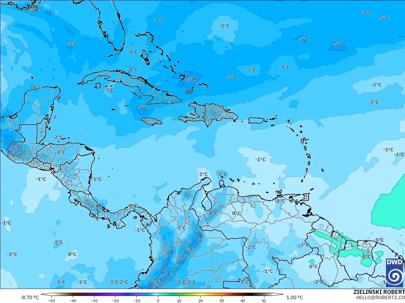 ICON model - Caribbean, Temperature at 500hPa