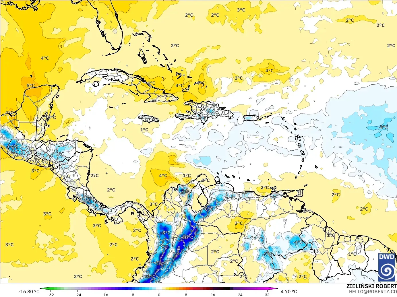 ICON model - Caribbean, Temperature at 850hPa Anomaly