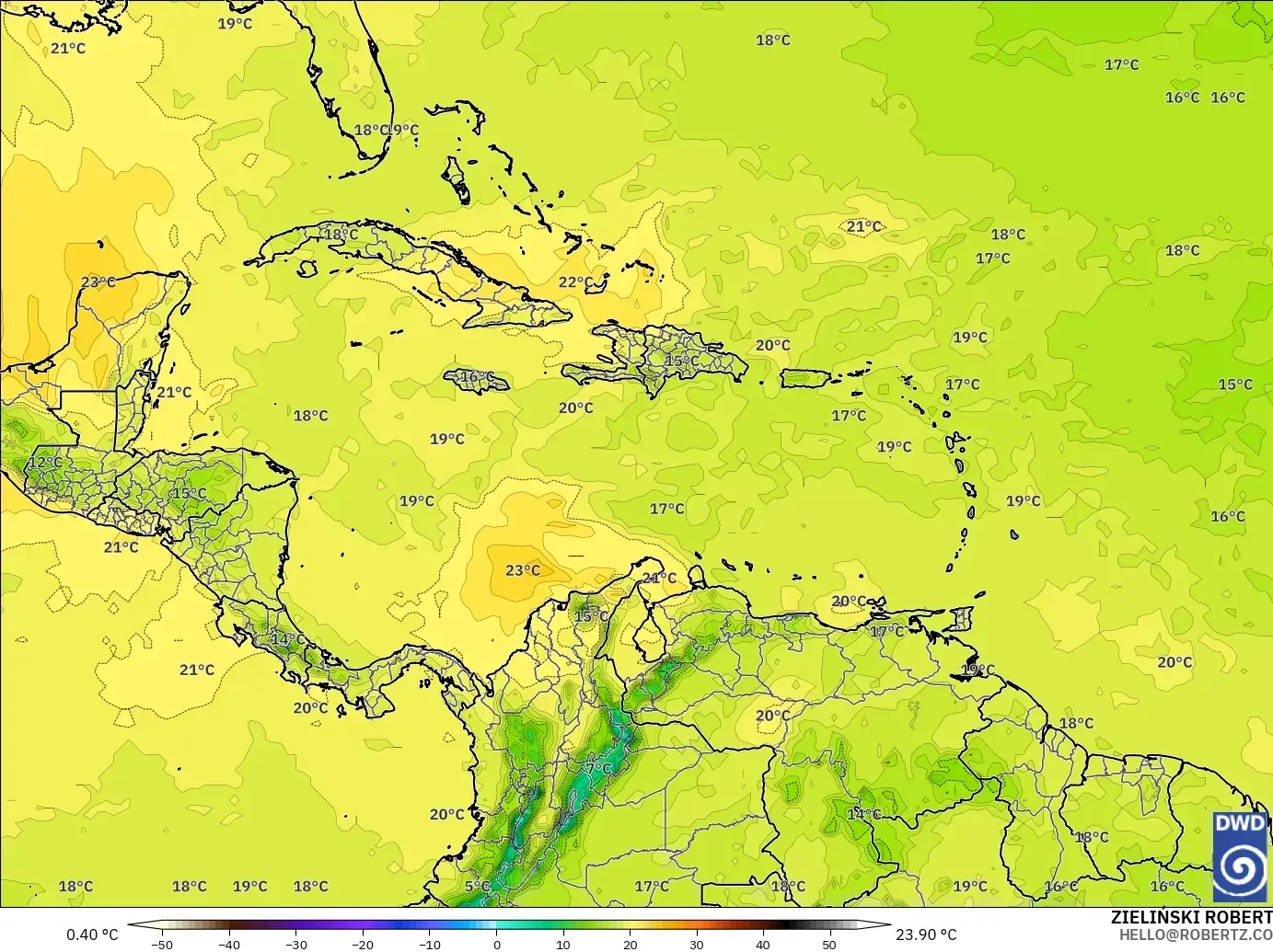 ICON model - Caribbean, Temperature at 850hPa