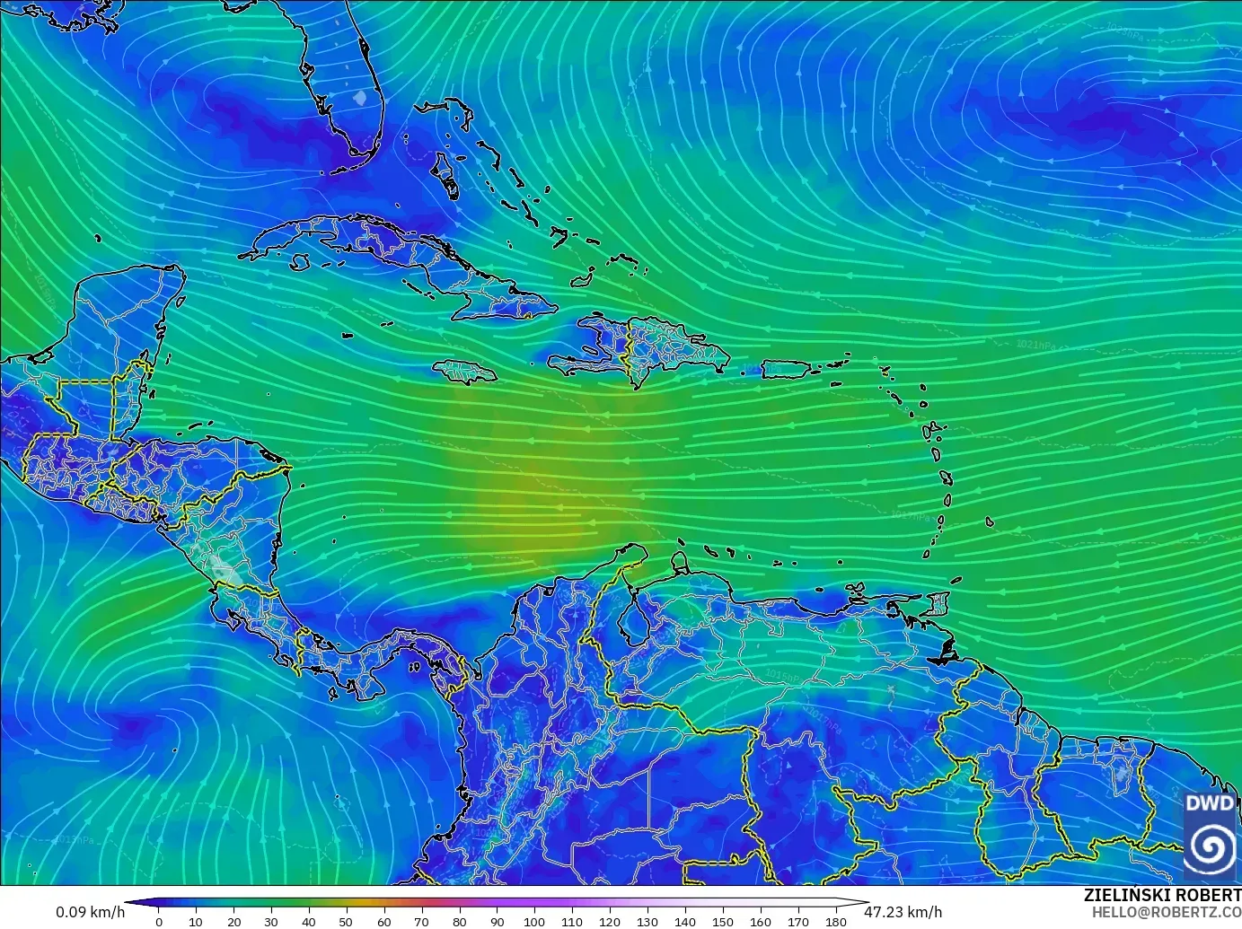 ICON model - Caribbean, Wind at 10m