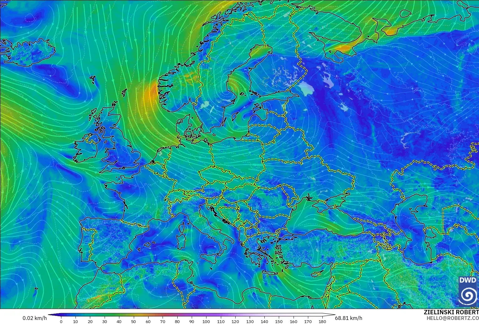 ICON model - Europe, Wind at 10m