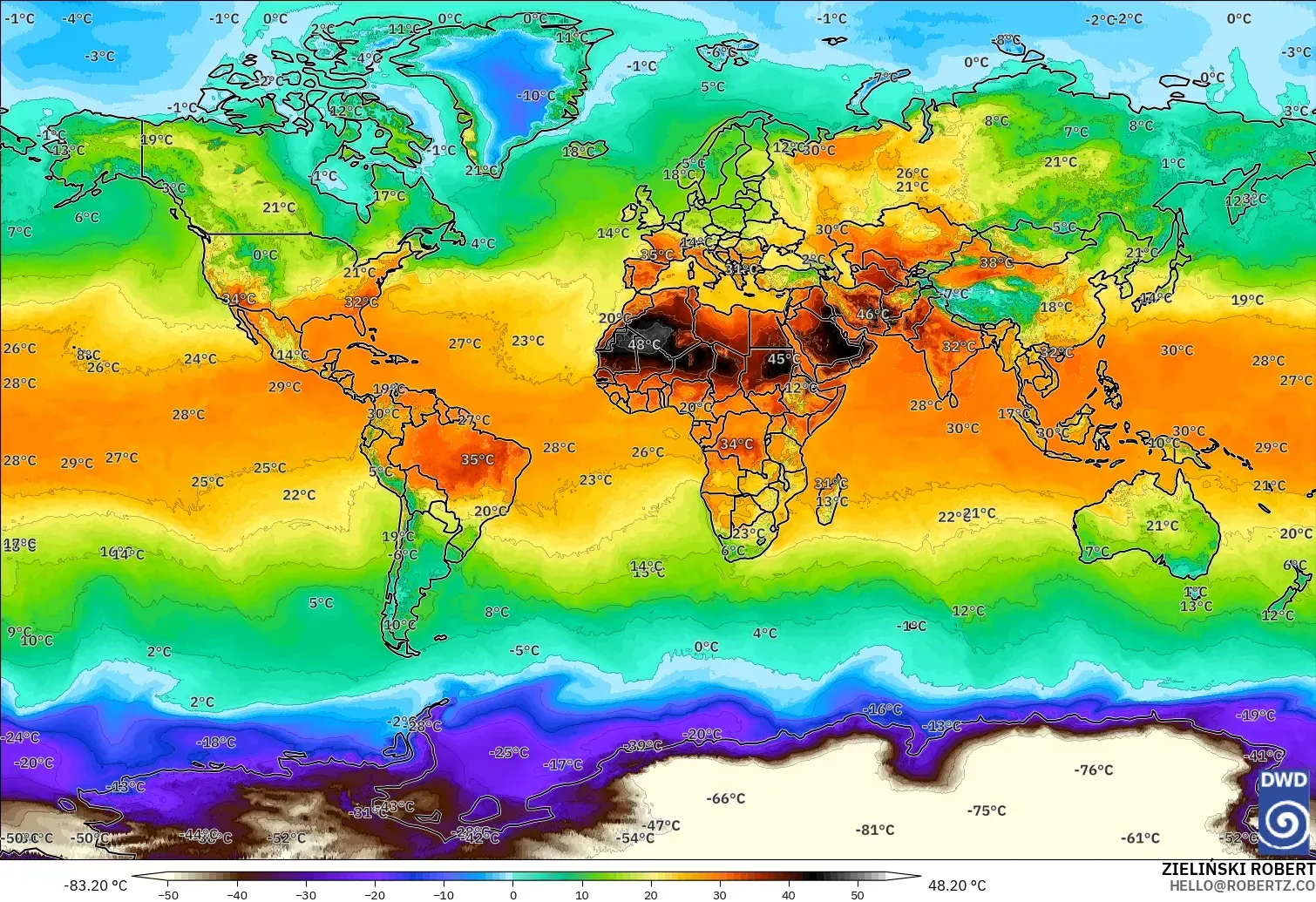 ICON model - World, Temperature at 2m