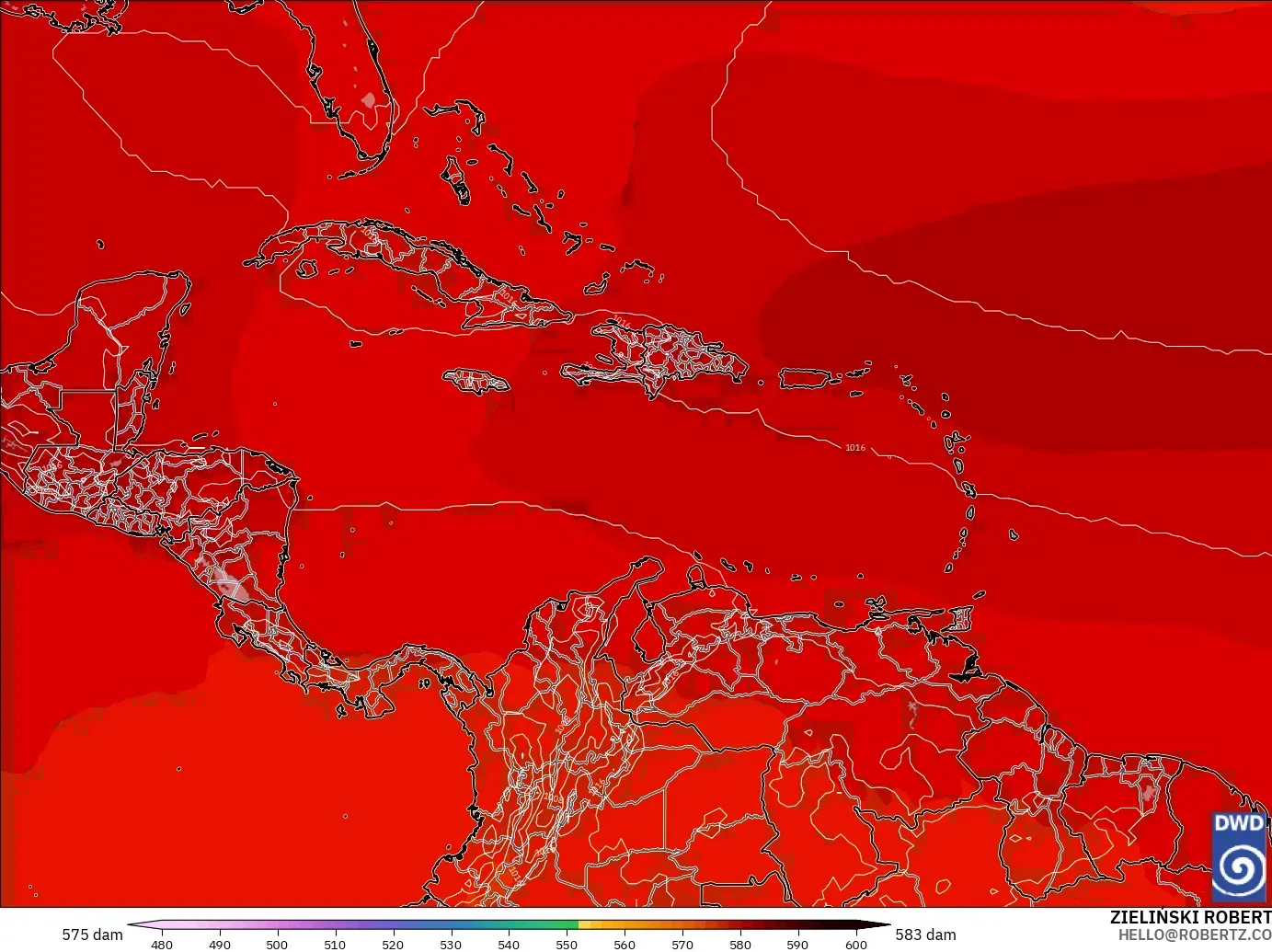 ICON model - Caribbean, Geopotential height at 500hPa