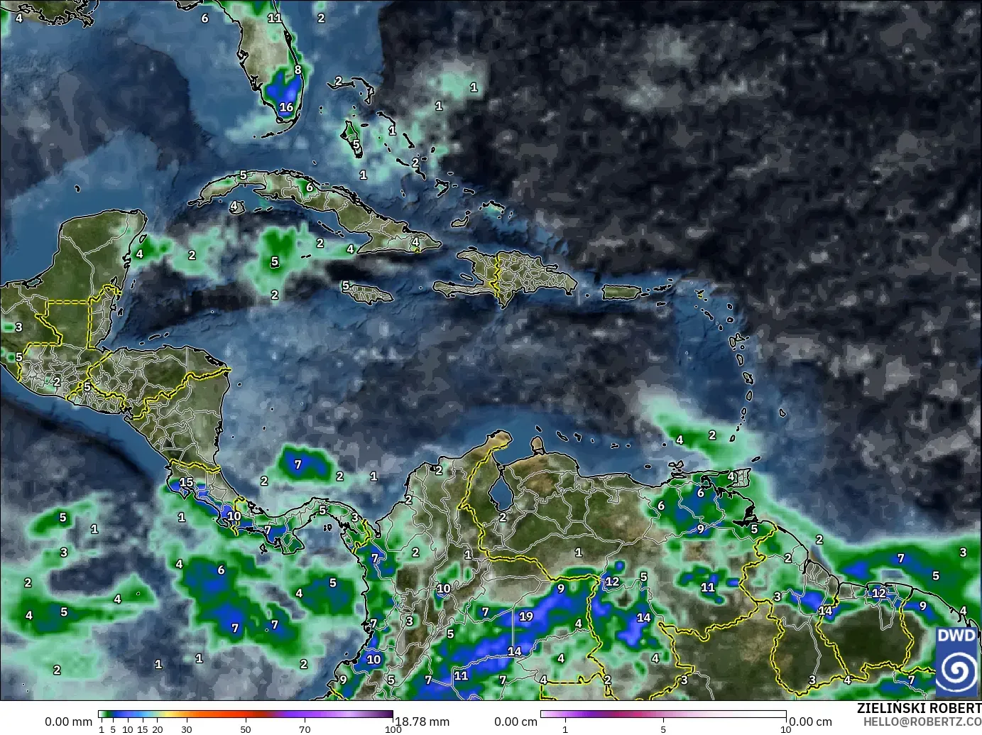 ICON model - Caribbean, Precipitation, Clouds, and Pressure
