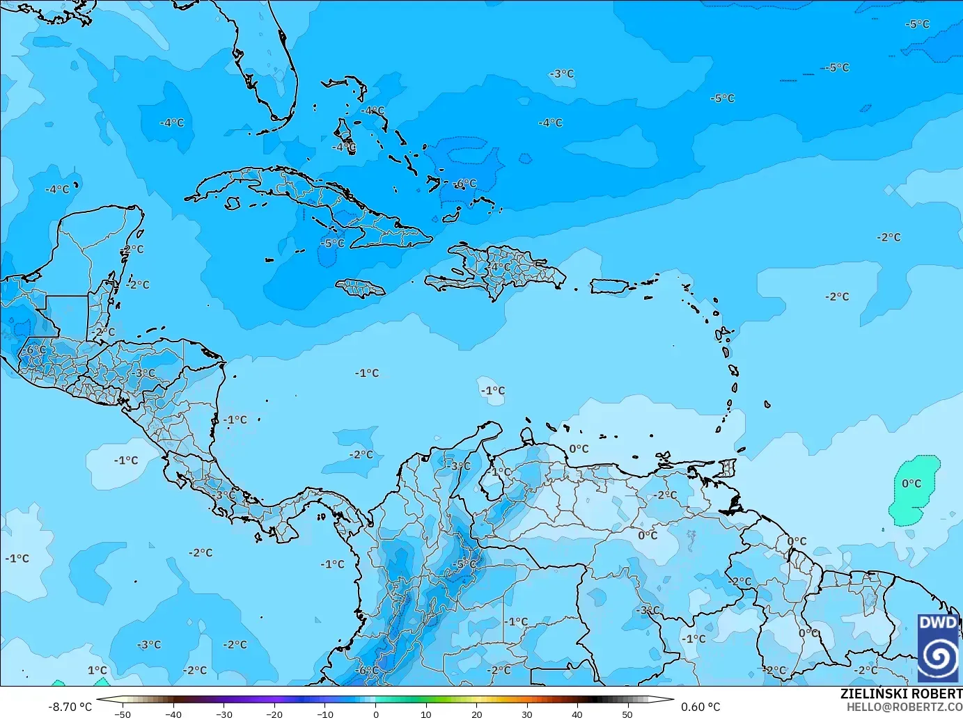 ICON model - Caribbean, Temperature at 500hPa