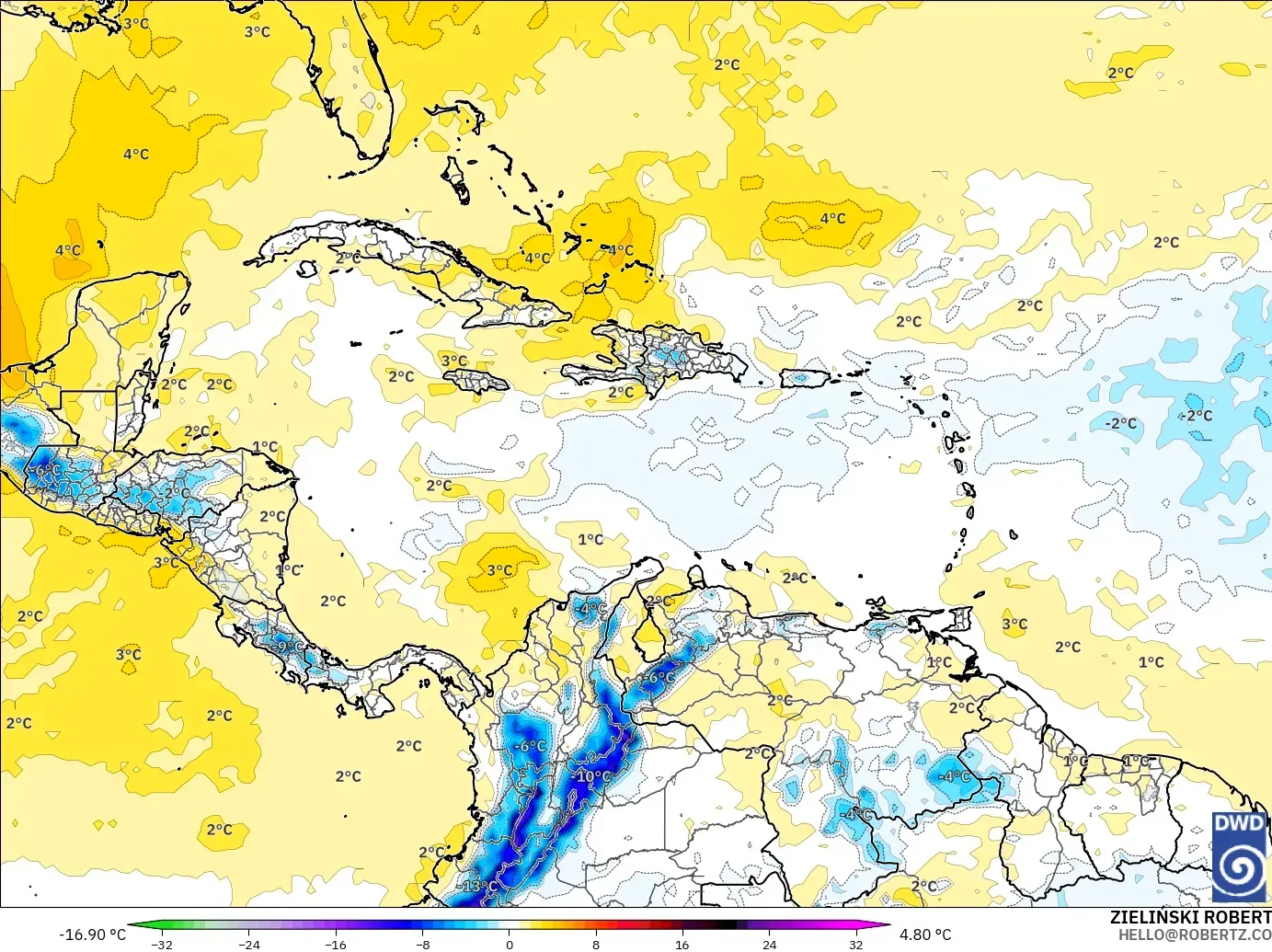 ICON model - Caribbean, Temperature at 850hPa Anomaly
