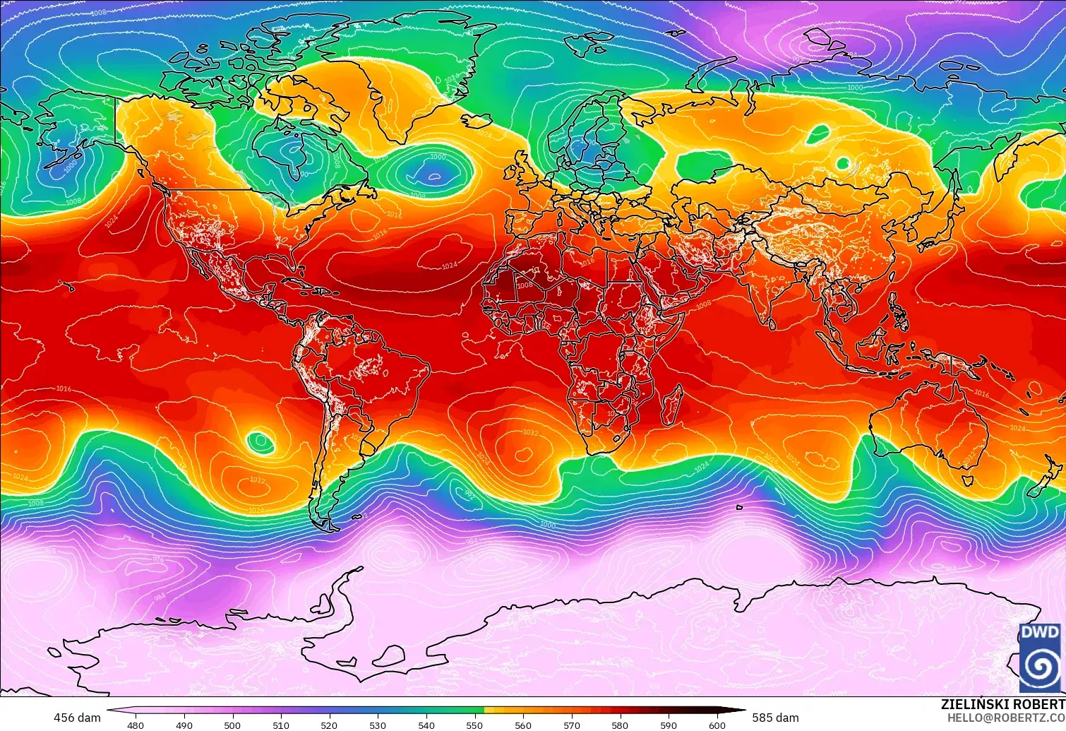 ICON model - World, Geopotential height at 500hPa