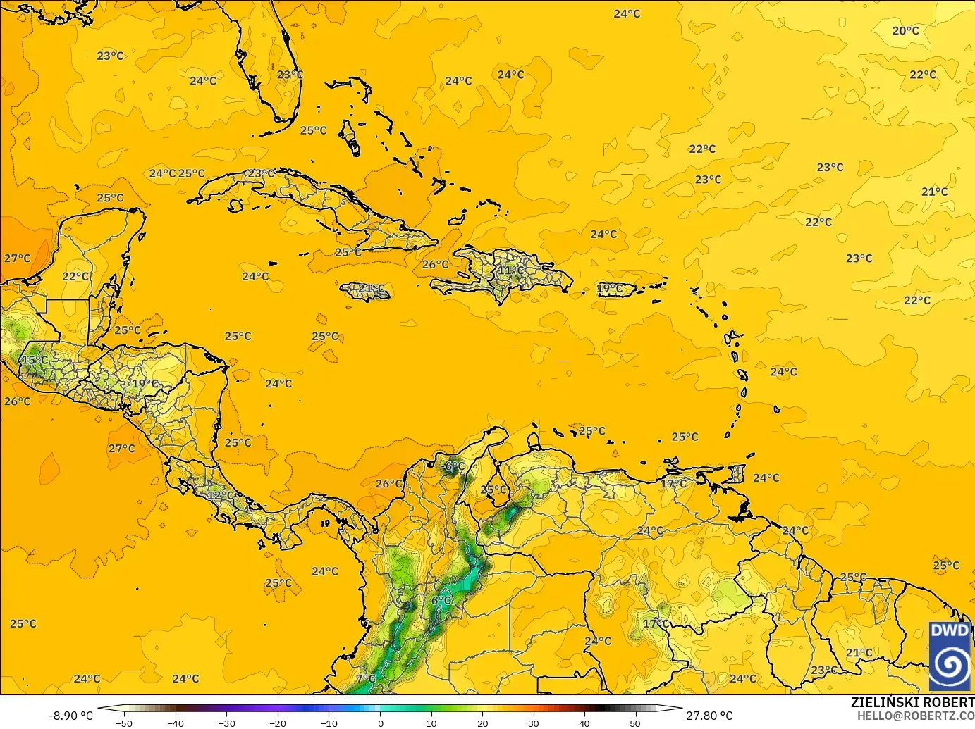 ICON model - Caribbean, Dewpoint at 2m