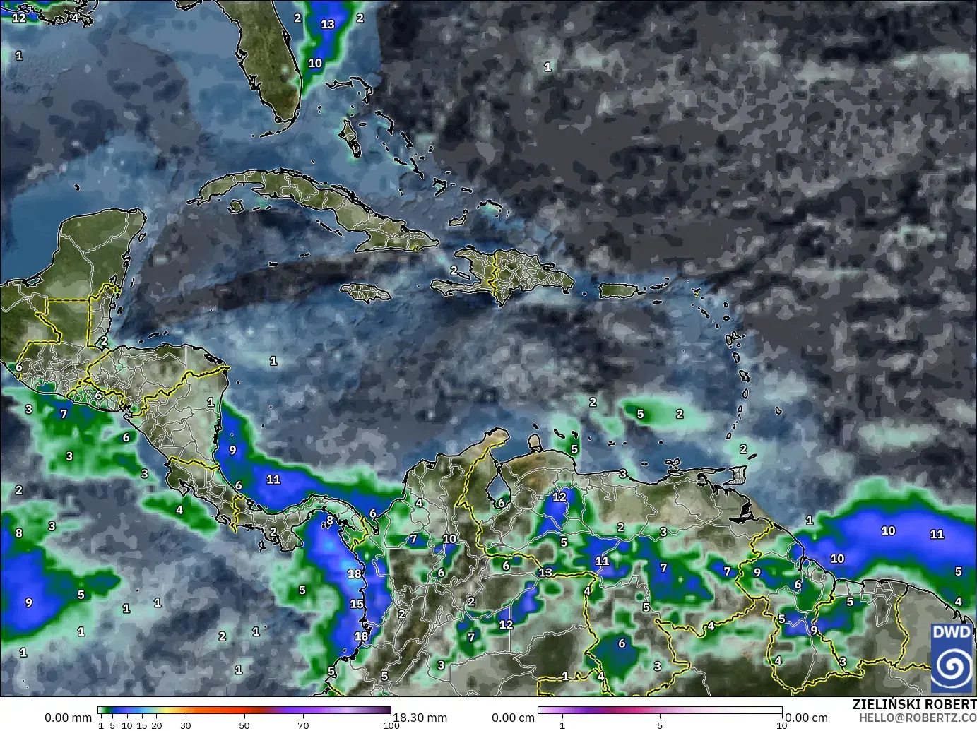 ICON model - Caribbean, Precipitation, Clouds, and Pressure