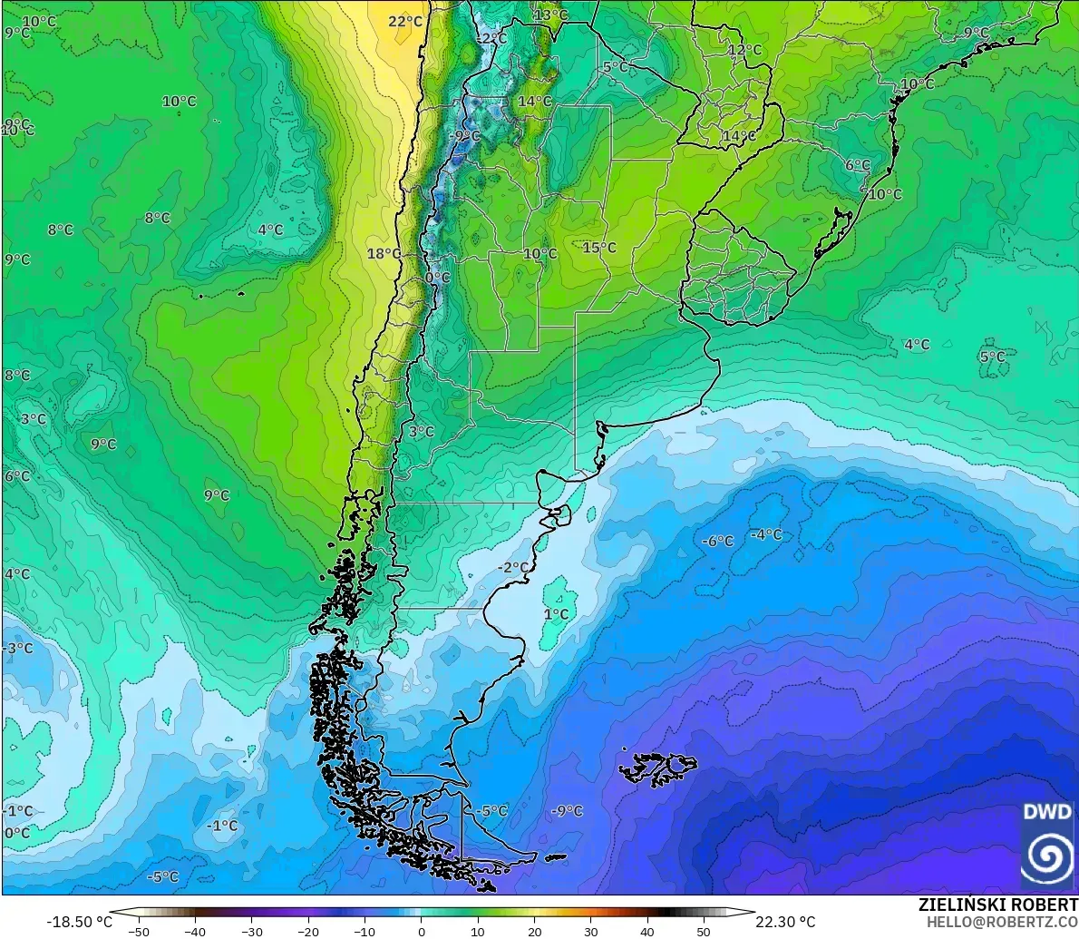 ICON model - Argentina, Temperature at 850hPa