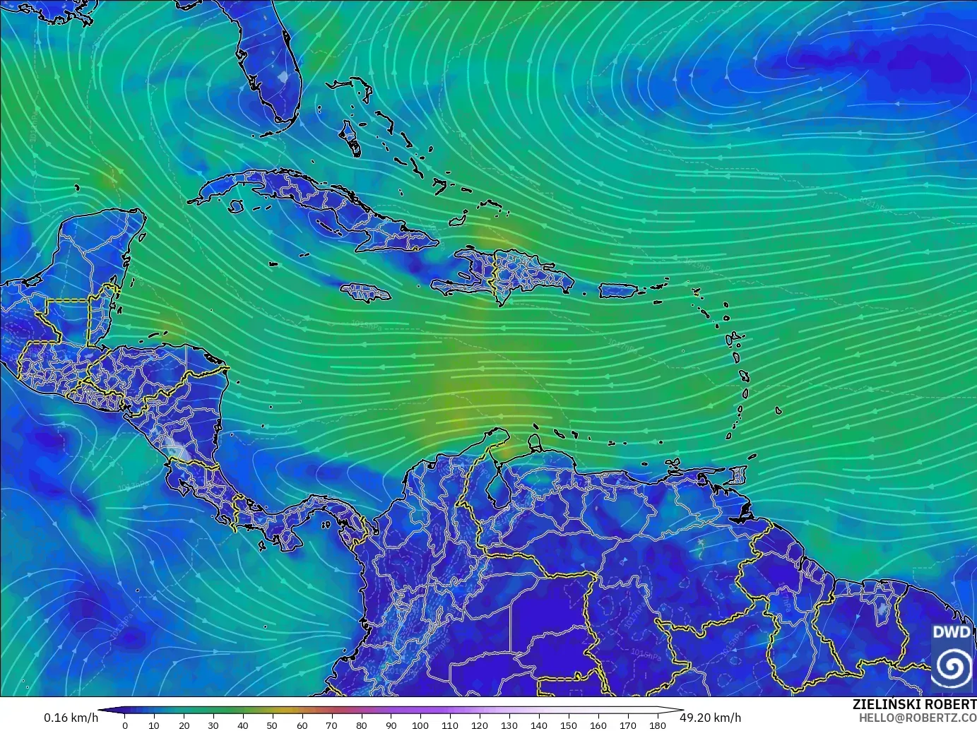 ICON model - Caribbean, Wind at 10m