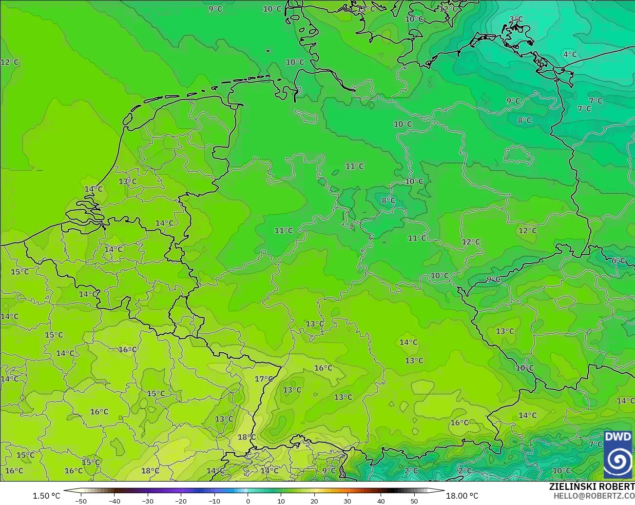 ICON model - Germany, Temperature at 850hPa