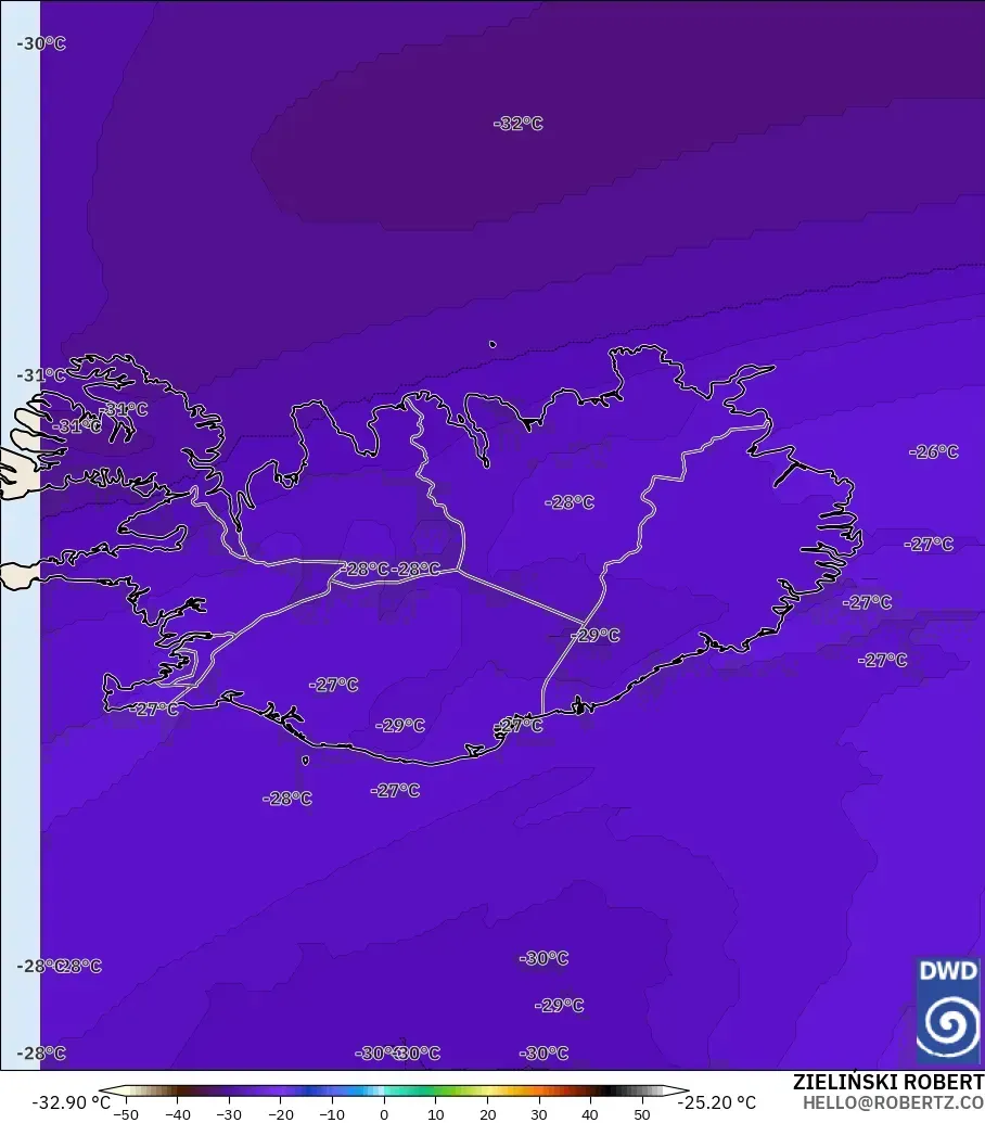 ICON model - Iceland, Temperature at 500hPa