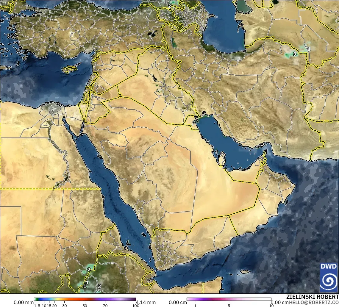 ICON model - Middle East, Precipitation, Clouds, and Pressure