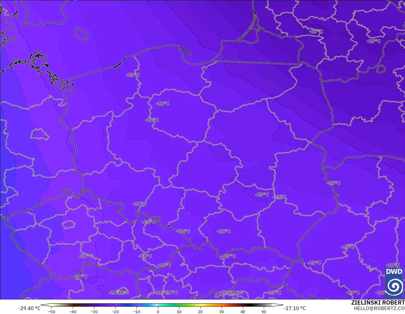 ICON model - Poland, Temperature at 500hPa