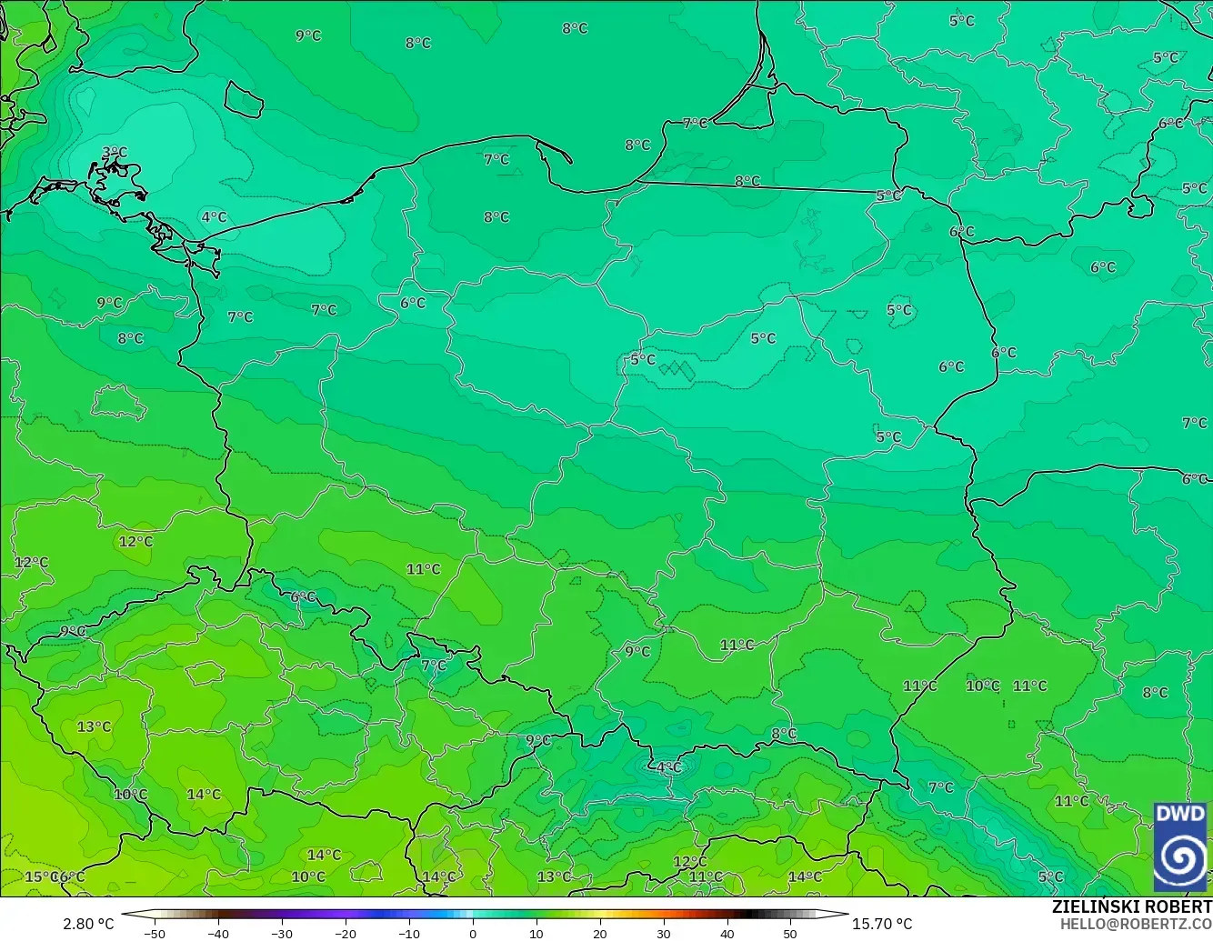 ICON model - Poland, Temperature at 850hPa